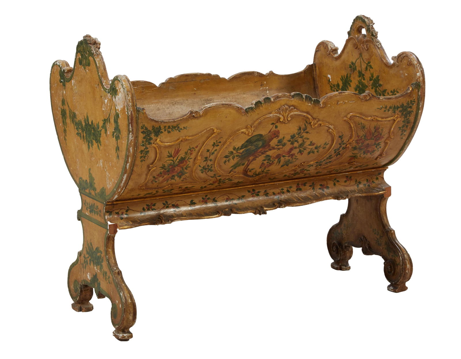Italian Renaissance Revival Polychromed Pine Bassinet, 19th c., H.- 35 1/2 in., W.- 40 in., D.- 25 (1 of 1)