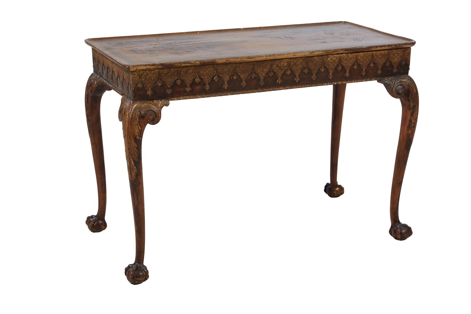 Antique Georgian Japanned Tea Table, early 19th c., H.- 29 1/2 in., W.- 42 1/2 in., D.- 21 1/2 in.: Antique Georgian Japanned Tea Table, early 19th c., the hand painted and gilded low relief landscape fishing scene dished top with scrolled corners, around running diapered tasseled banners, along fri