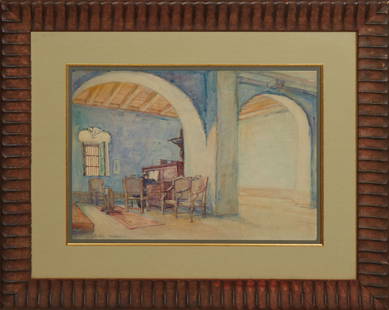 Ellsworth Woodward (American/Louisiana,1861-1939), "Monterey [Interior Architectural View]," Sight: Ellsworth Woodward (American/Louisiana,1861-1939), "Monterey [Interior Architectural View]," watercolor on paper, monogrammed and localized lower right, presented in a wood frame with a gilt mat liner