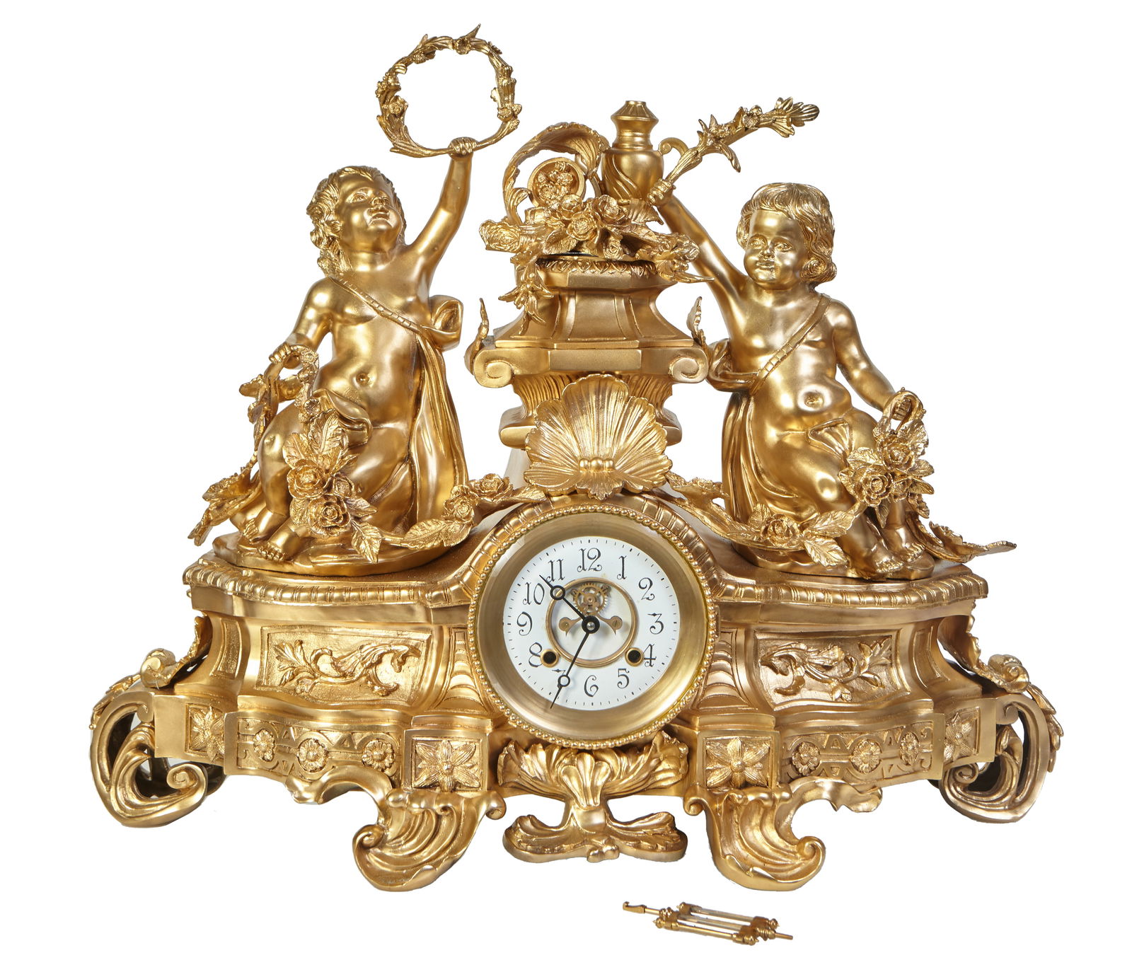 Ornate Monumental Louis XVI Style Gilt Bronze Figural Mantel Clock, 20th/21st c., H.- 25 in., W.- 30 (1 of 5)