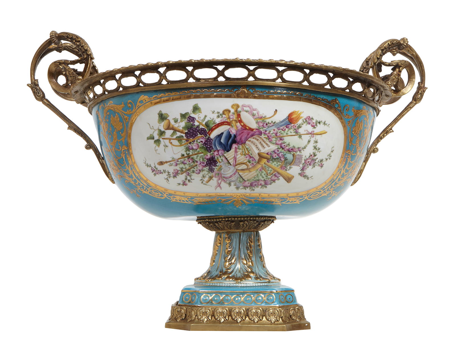 Sevres Style Gilt Bronze Mounted Porcelain Bowl, 20th c., H.- 15 in., W.- 21 in., D.- 16 3/8 in. (1 of 6)