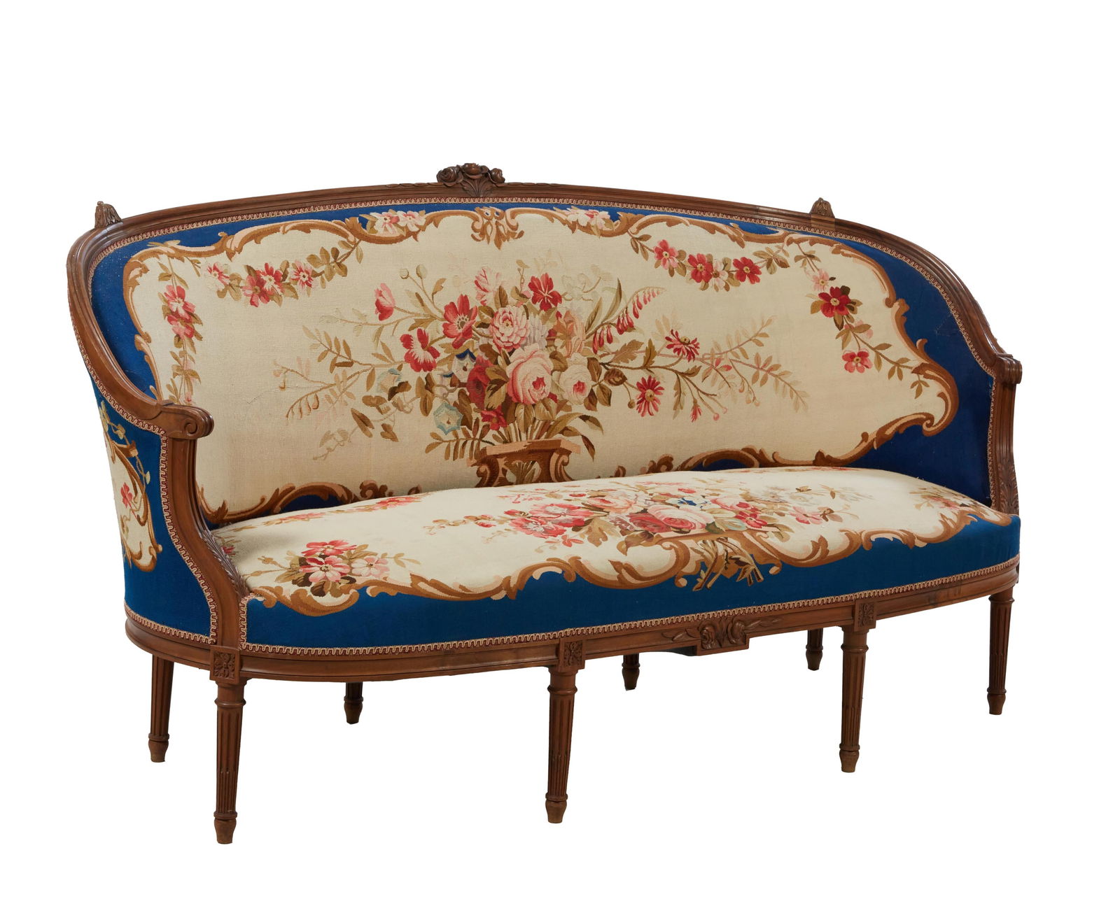 French Louis XVI Style Aubusson Carved Walnut Canape Sofa, 19th c., H.- 40 in., W.- 76 1/2 in., D.- (1 of 1)