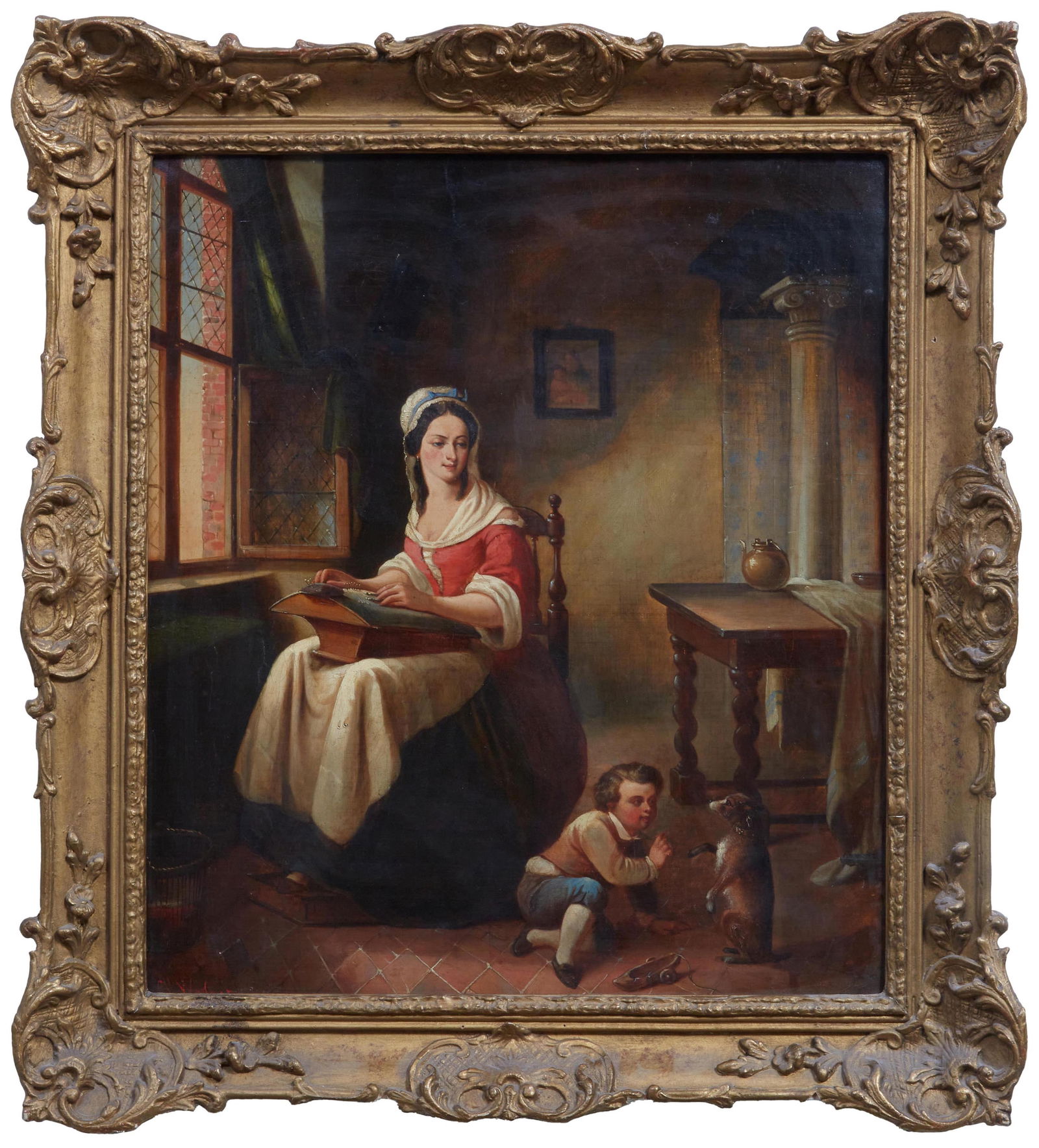 Charles Louis Waelput (Finnish, 19th Century), "Interior Scene with Woman Sewing and Child Playing (1 of 6)