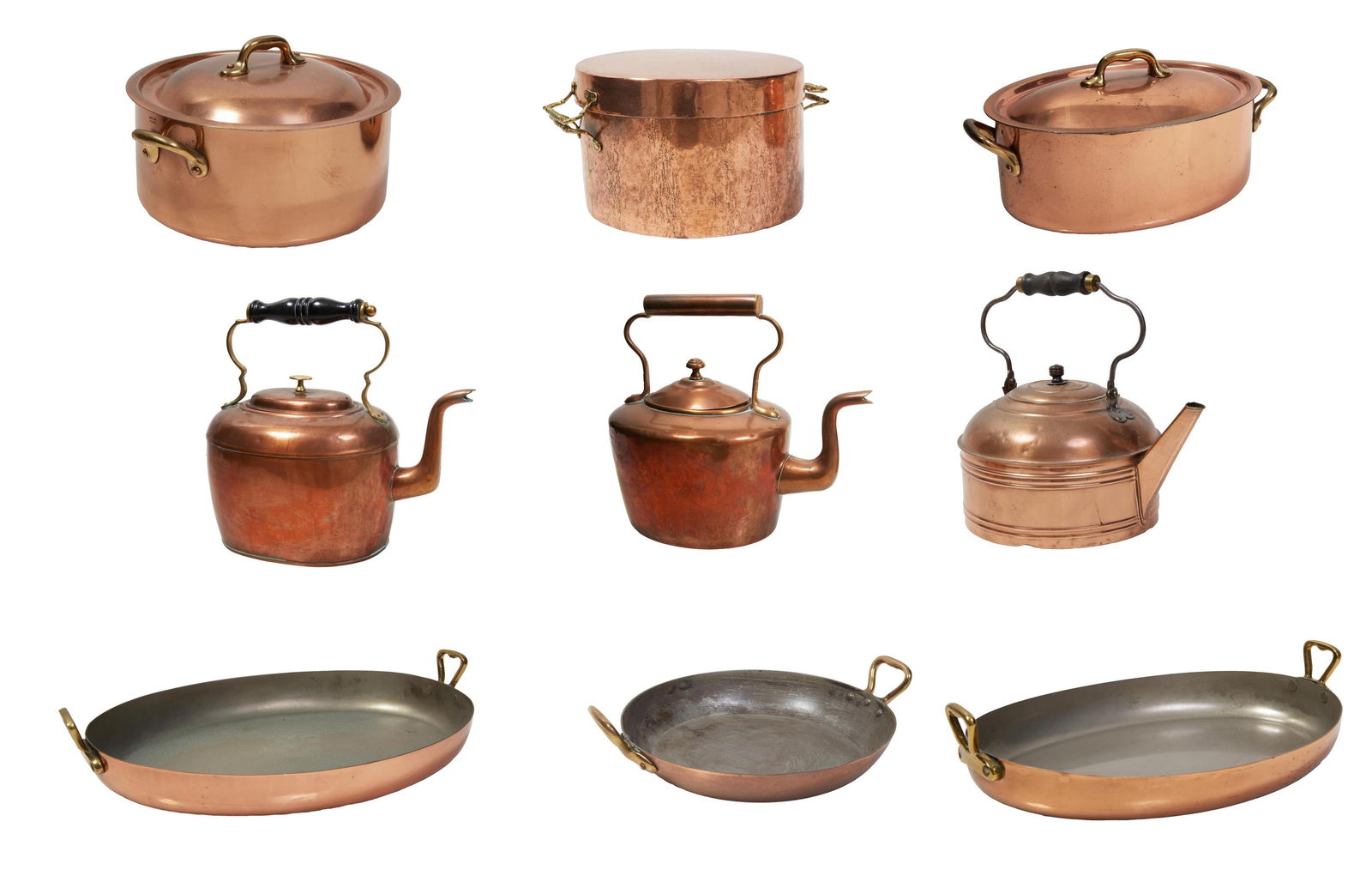 Group of Nine Pieces of French Copper and Brass Cookware, 20th c., Largest Pot- H.- 6 in., W.- 11 (1 of 20)