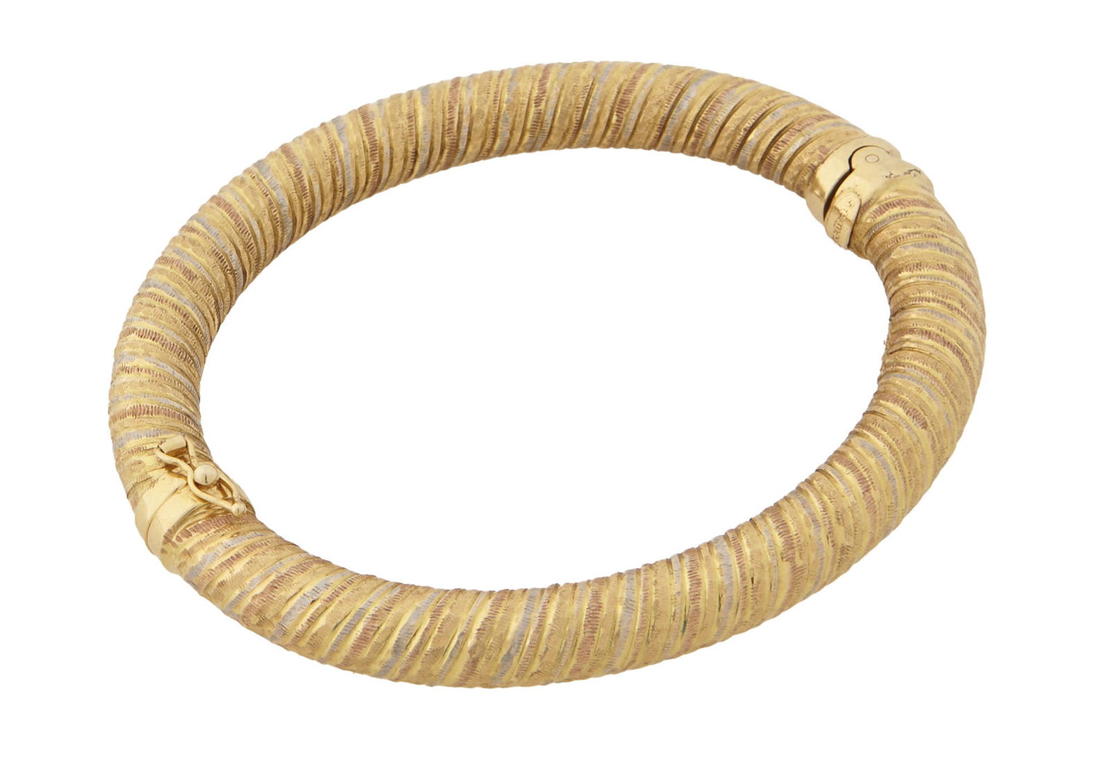 18K Yellow Gold Italian Hinged Bangle Bracelet, 20th c., H.- 5/16 in., Int. W.- 2 7/8 in., Int. D.- (1 of 3)
