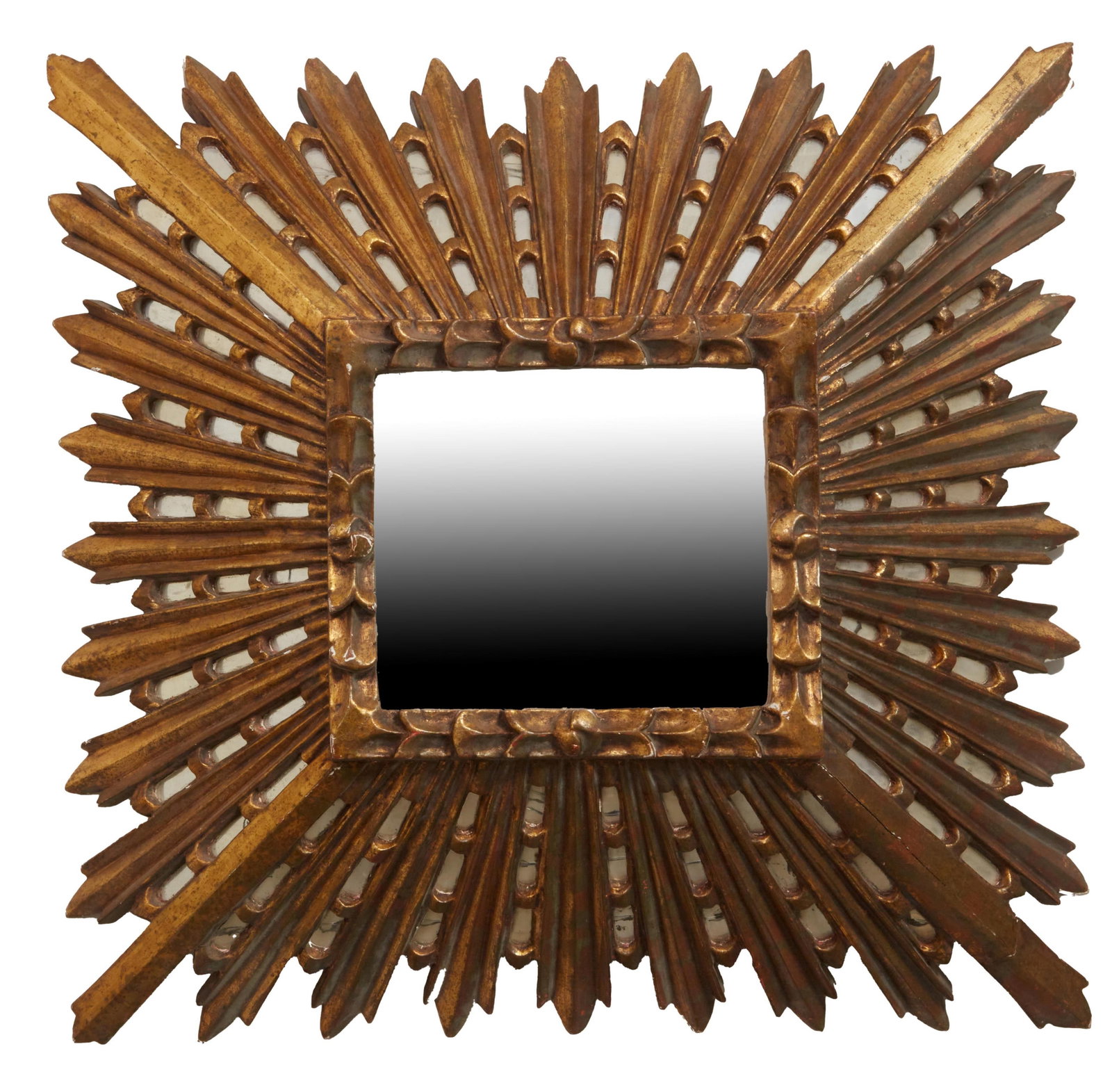 Italian Inspired Square Sunburst Giltwood Mirror, 20th c., H.- 23 1/2 in., W.- 24 in., D.- 4 1/2 in.: Italian Inspired Square Sunburst Giltwood Mirror, 20th c., the square center with modeled surround, projected rays with inset mirror, H.- 23 1/2 in., W.- 24 in., D.- 4 1/2 in.
