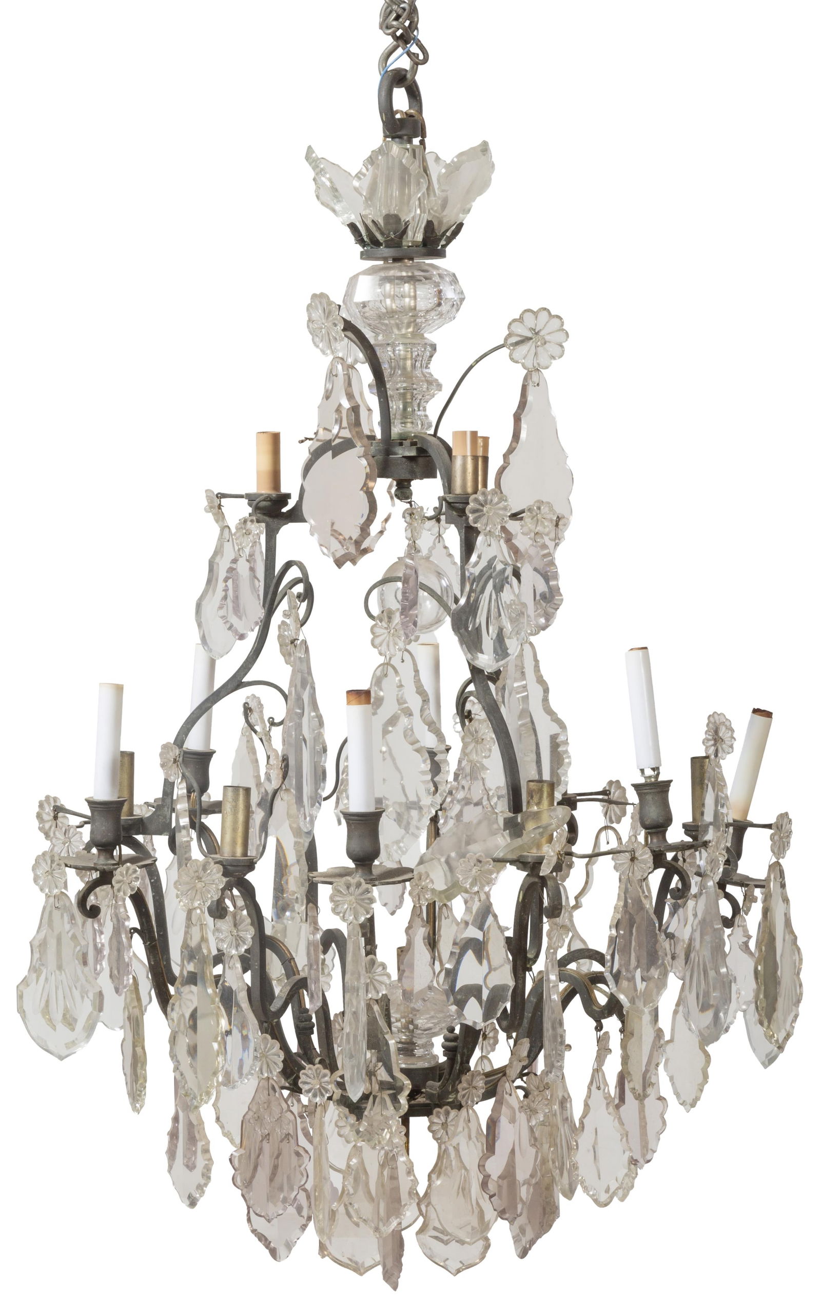 Maria Theresa Style Crystal Fifteen Light Bronze Chandelier, 20th c., H.- 42 in., Dia.- 28 in. (1 of 2)