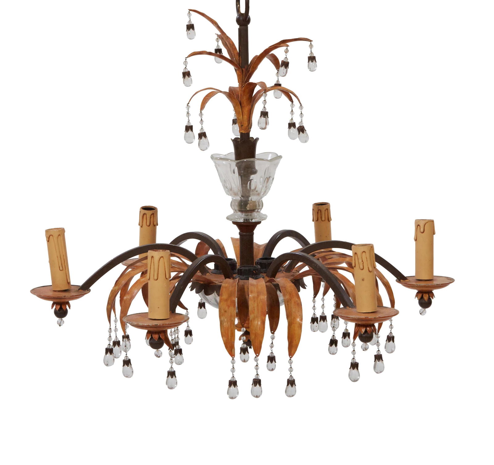 French Vintage Tole Painted Six-Light Chandelier of Palm Tree Form, 20th c., H.- 32 in., Dia- 24 in. (1 of 1)