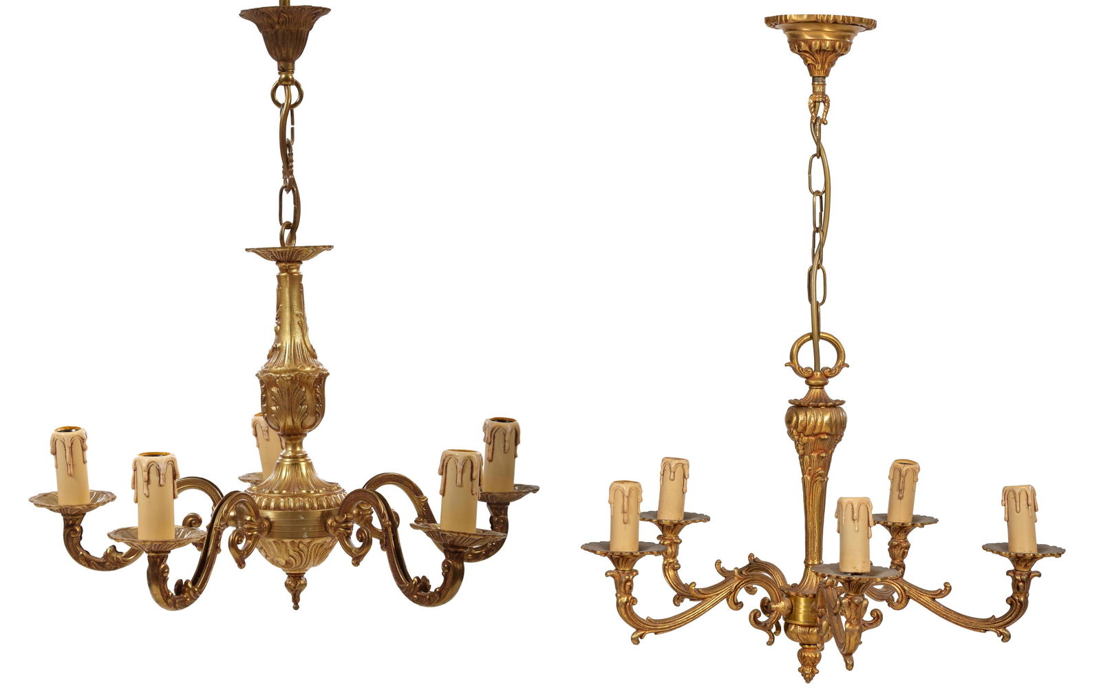 Two French Louis XV Style Brass Five Light Chandeliers, 20th c., Smaller- H.- 22 in., Dia.- 18 in.; (1 of 4)