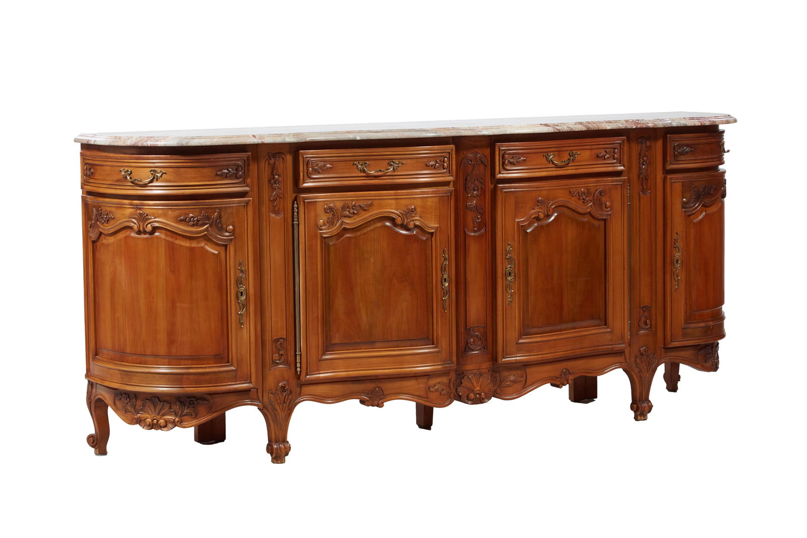 French Louis XV Style Carved Walnut Bowfront Marble Top Sideboard, 20th c., H.- 40 1/2 in., W.- 68 (1 of 3)