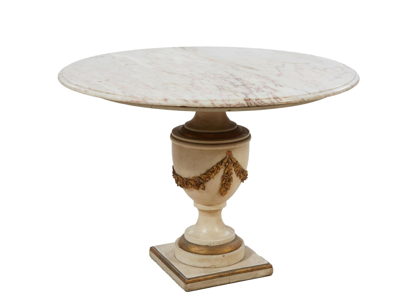 Italian Inspired Marble Top Creme Peinte Center Table, 20th c., H.- 29 1/2 in., Dia.- 43 in. (1 of 2)