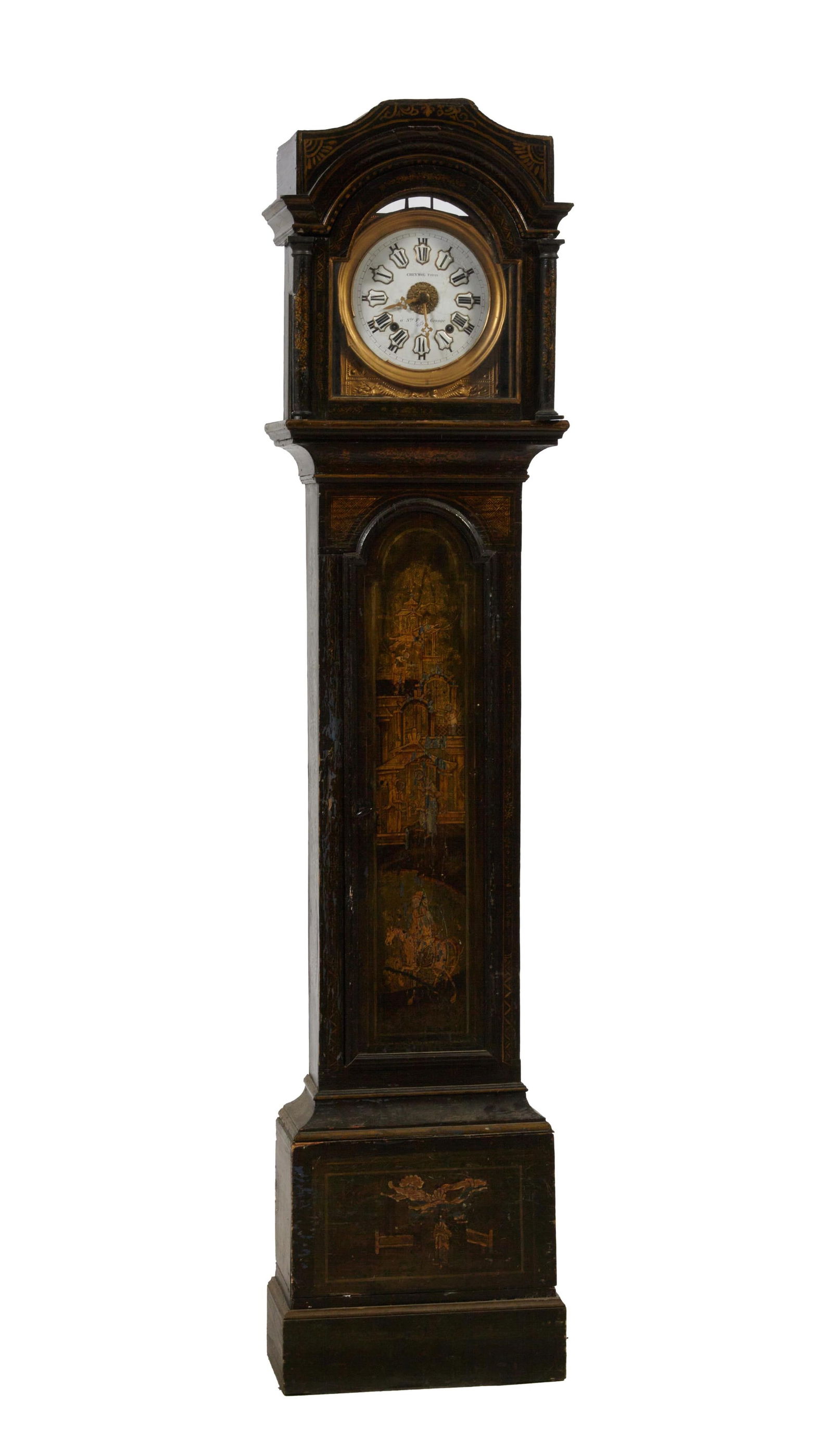 George III Chinoiserie Tallcase Clock, 18th/19th c., H.- 84 1/2 in., W.- 19 in., D.- 9 in. (1 of 2)