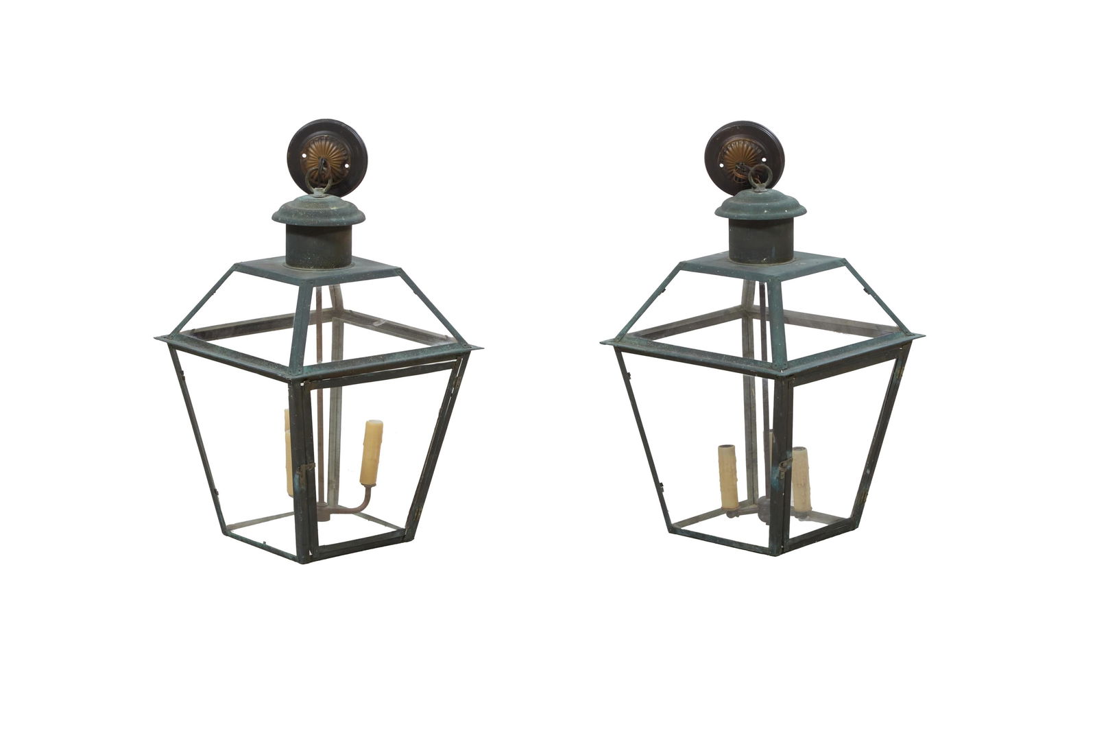 Pair of Large Copper Outdoor Hanging Lanterns, 20th c., H.- 25 in., W.- 14 3/4 in., D.- 14 1/2 in.(2 (1 of 3)