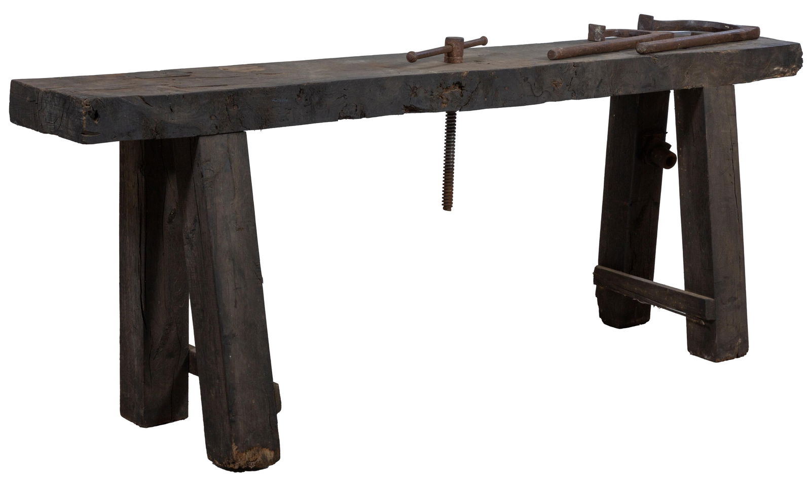 French Provincial Carved Elm Cabinet Maker's Workbench, 19th c., H.- 30 1/2 in., W.- 79 3/4 in., D.- (1 of 2)