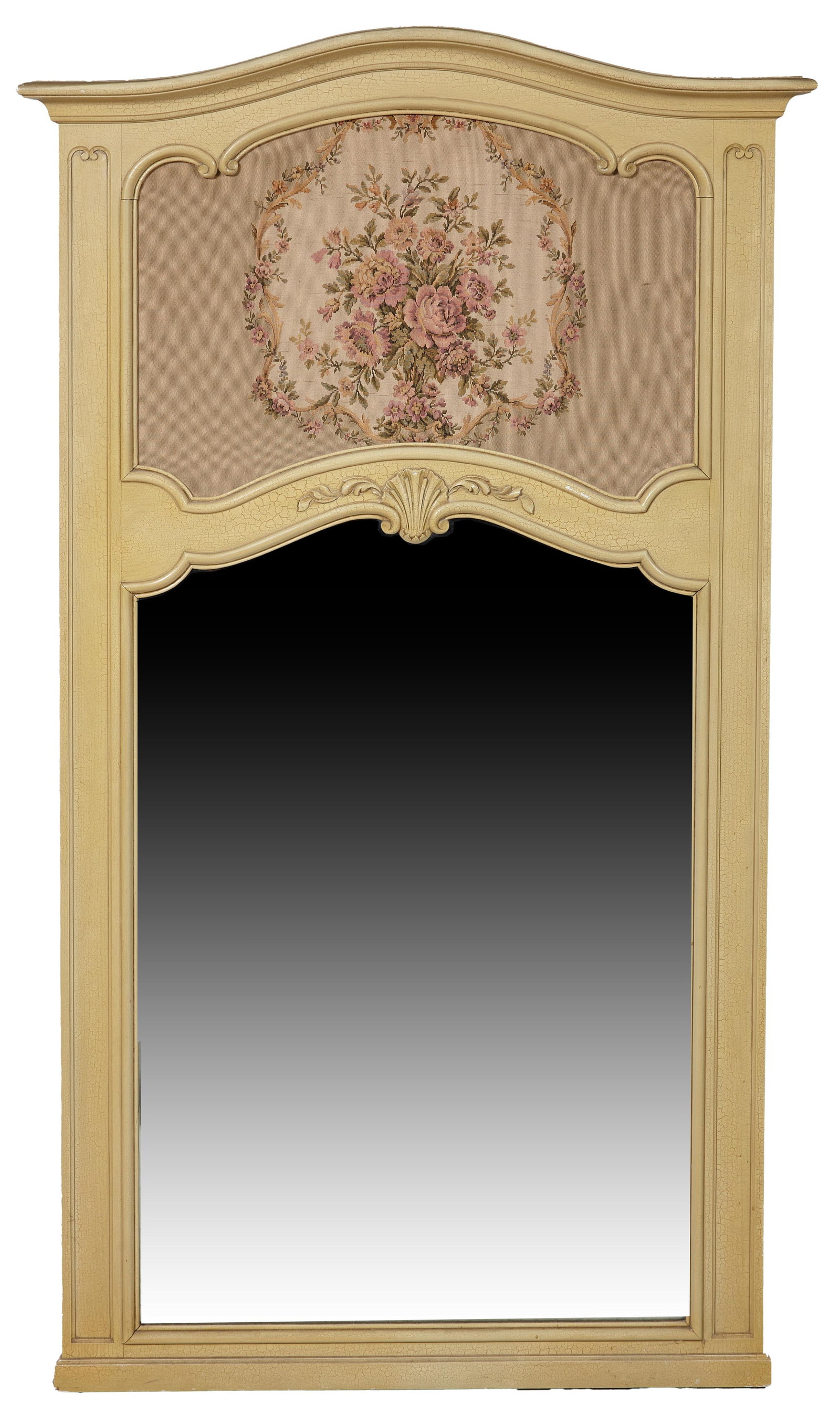 Louis XV Style Needlepoint Creme Peinte Trumeau Mirror, 20th c., H.- 68 in. W.- 39 in.: Louis XV Style Needlepoint Creme Peinte Trumeau Mirror, 20th c., the stepped arched crest over a scrolled surround, above a needlepoint floral cartouche, shell carved mirror surround, above an arched 