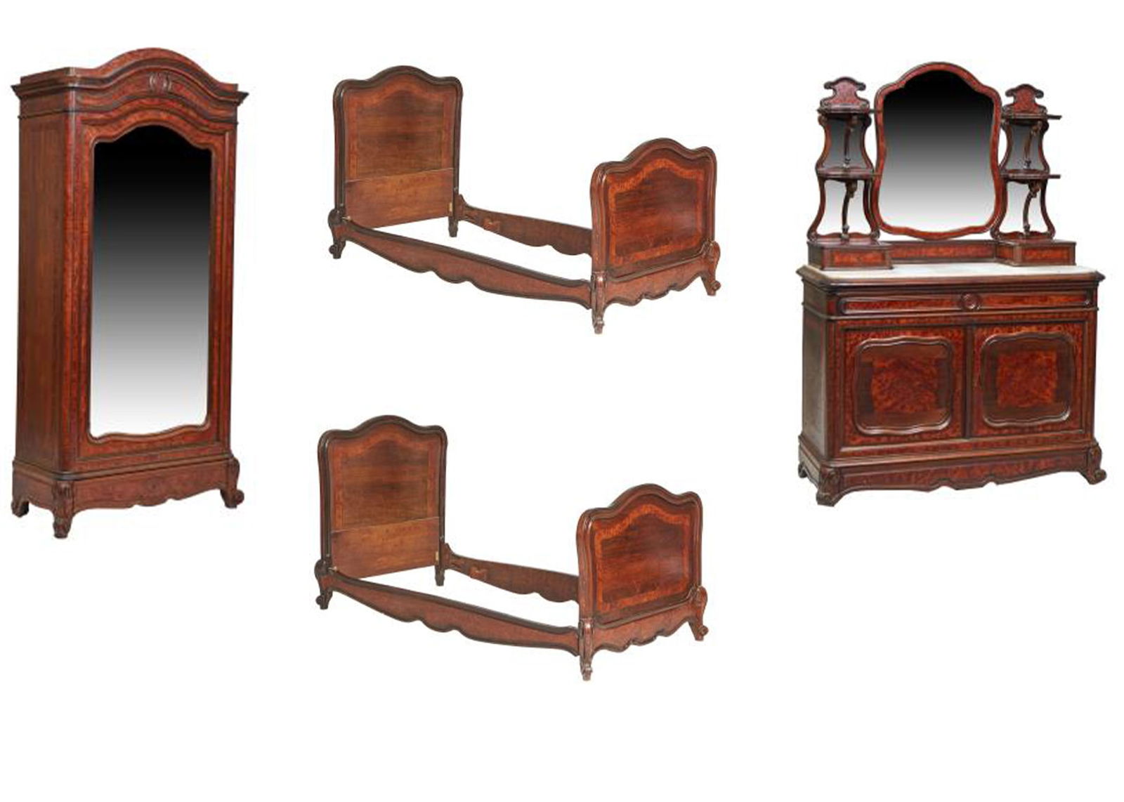 Four Piece Burled Walnut Bedroom Suite, mid 19th c., Armoire- H.- 90 1/3 in., W.- 44 in., D.- 19 1/2: Four Piece Burled Walnut Bedroom Suite, mid 19th c., including a pair of matching twin beds with headboards and footboards and rails, a marble top dresser with mirror, and a mirror door armoire having