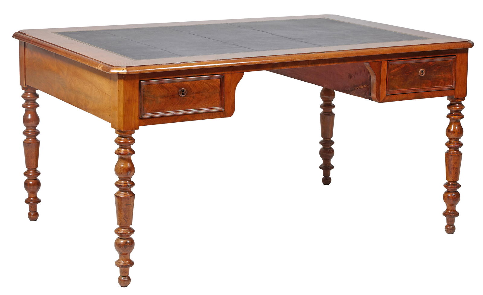 French Louis Philippe Walnut Partners Bureau Plat, mid 19th c., H.- 29 in., W.- Closed- 57 in., W.- (1 of 4)
