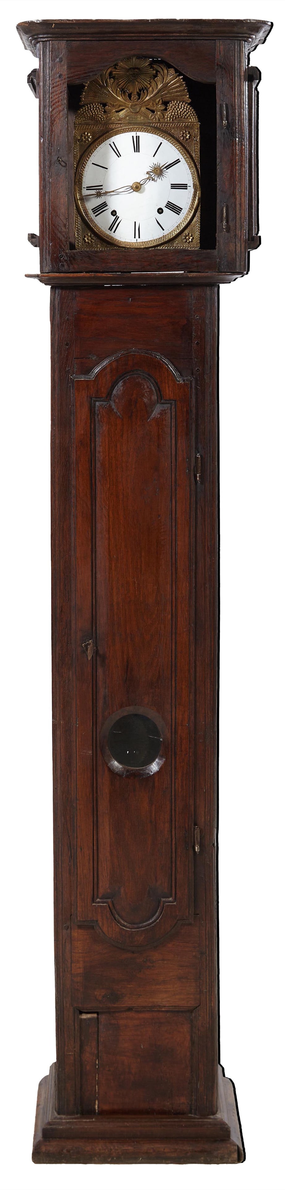 French Provincial Walnut Morbier Clock, 19th c., H.- 90 in., W.- 19 in., D.- 9 in. (1 of 14)