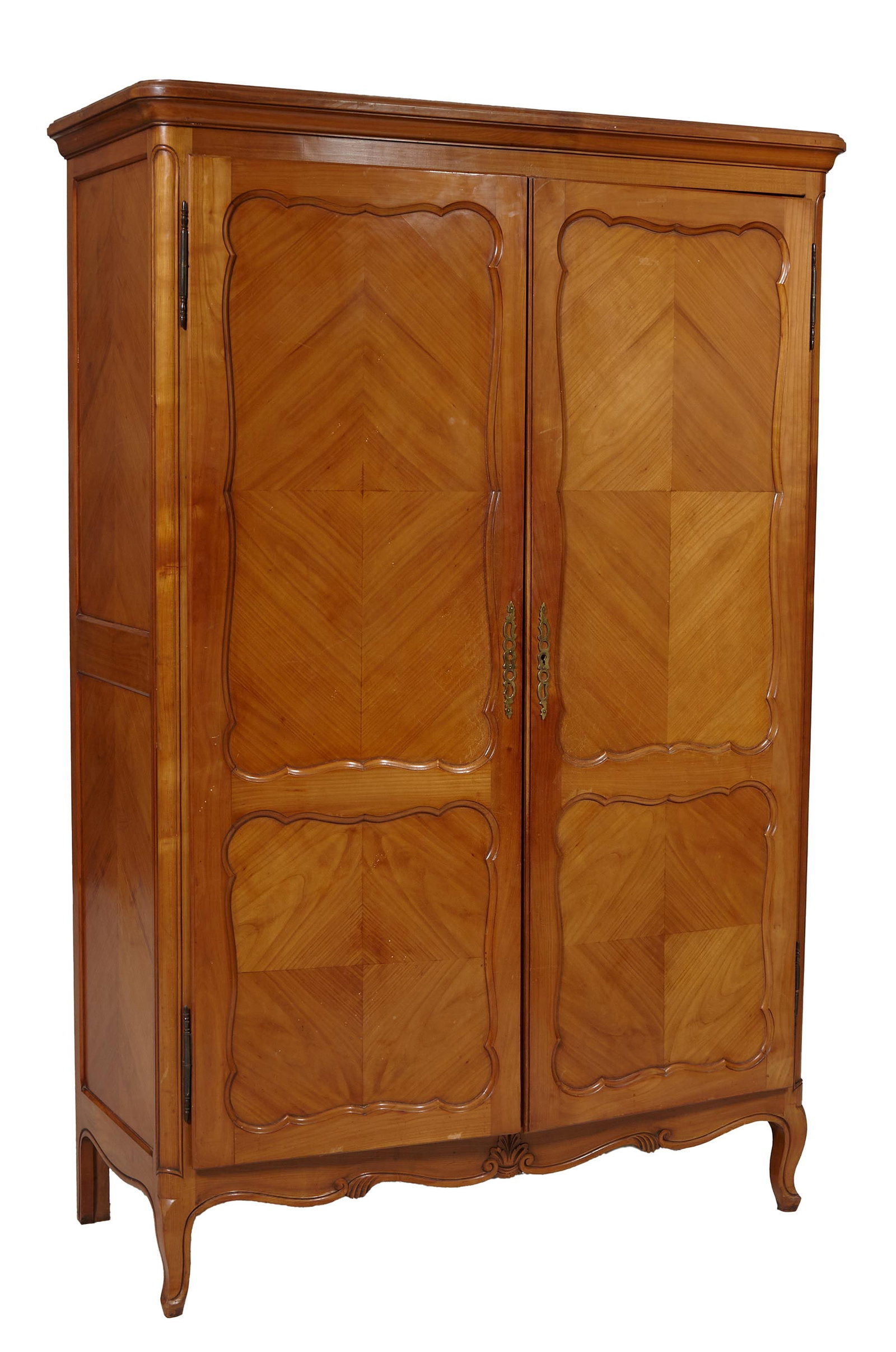 French Louis XV Style Cherrywood Armoire, 20th c., H.- 75 in., W.- 50 in., D.- 21 in.: French Louis XV Style Cherrywood Armoire, 20th c., the flat top with a stepped rounded corner cornice, parquetry panel doors, scrolled skirt, on cabriole legs, H.- 75 in., W.- 50 in., D.- 21 in.