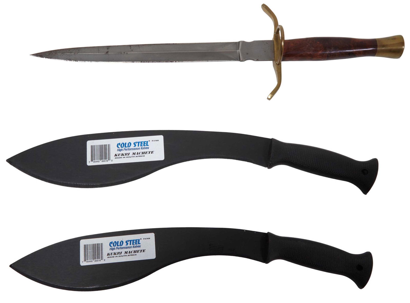Three Long Blade Weapons, 20th c., Longest- L.- Blade- 13 in. (3 Pcs.): Three Long Blade Weapons, 20th c., consisting of two Kukri Machetes in web style sheaths, each with a thirteen inch blade; a double edged short sword with a D guard on fuller brass fittings, stamped "