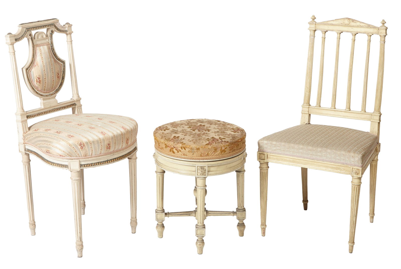 Group of Two Louis XVI Style Creme Peinte Side Chairs and Piano Stool, 19th c., Taller Chair- H.- 35 (1 of 1)
