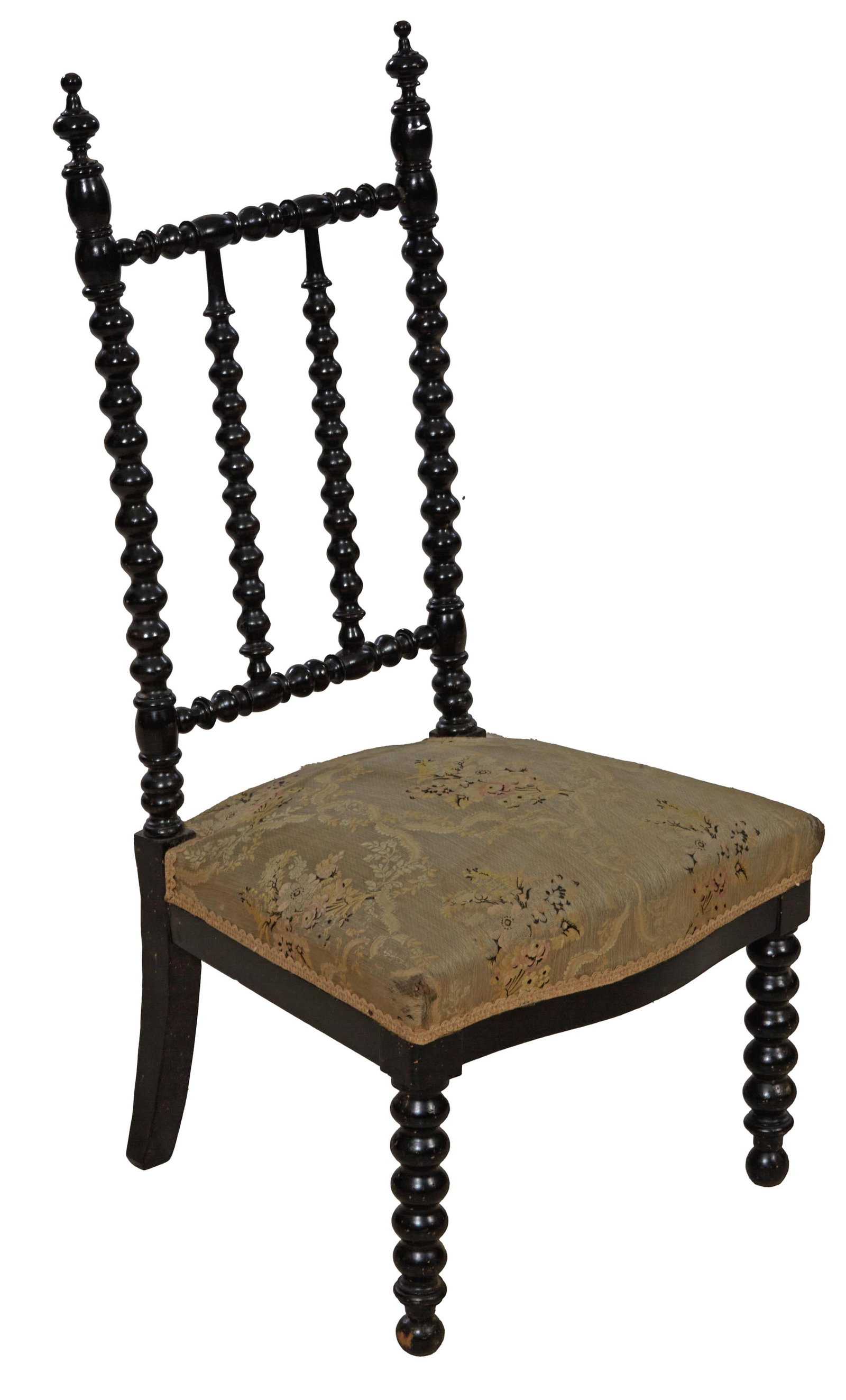 French Napoleon III Ebonized Slipper Chair, late 19th c., H.- 38 in., W.- 19 in., D.- 17 in.: French Napoleon III Ebonized Slipper Chair, late 19th c., the finialed bobbin turned stiles with paired slats and splats, serpentine seat rail, bobbin turned legs, spherule feet, H.- 38 in., W.- 19 in