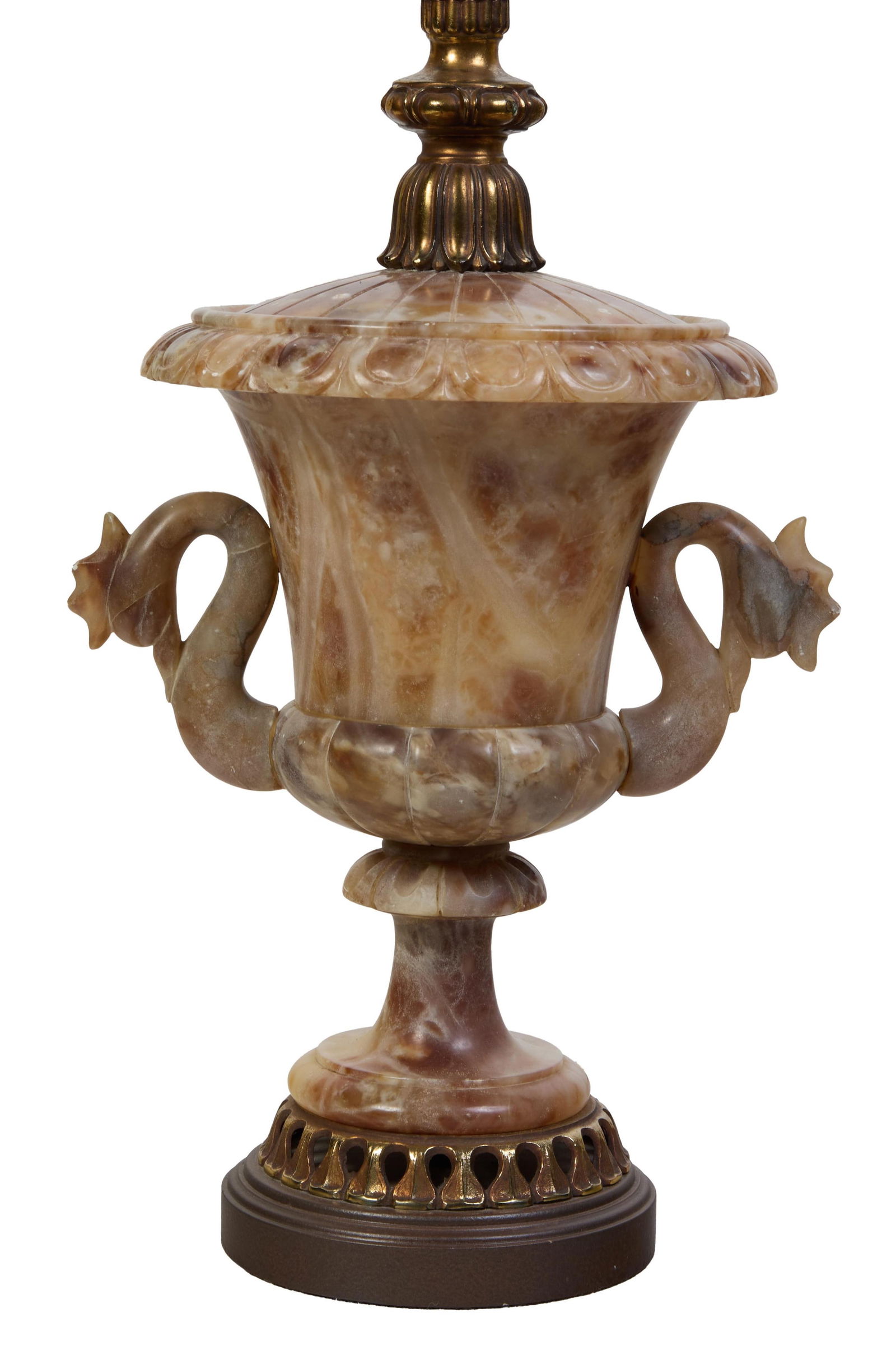 Marbro Carved Mottled Alabaster and Brass Urn Form Table Lamp, 20th c., H.- 22 in., W.- 12 in., D.- (1 of 2)