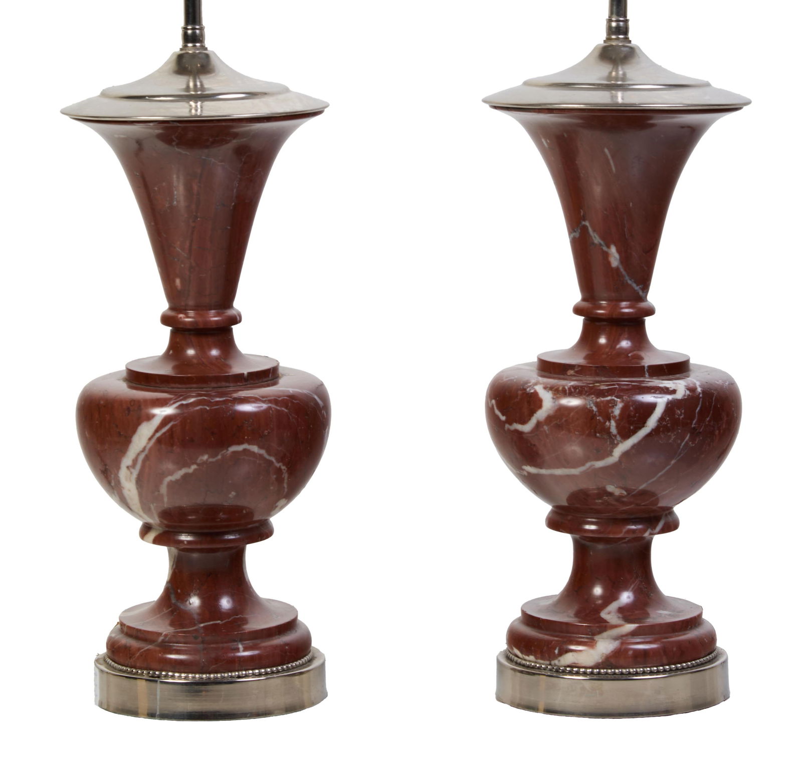 Pair of Marbro Red Marble Urn Lamps, 20th c., H.- 23 1/2 in., W.- 9 in., D.- 9 in. (2 Pcs.) (1 of 2)