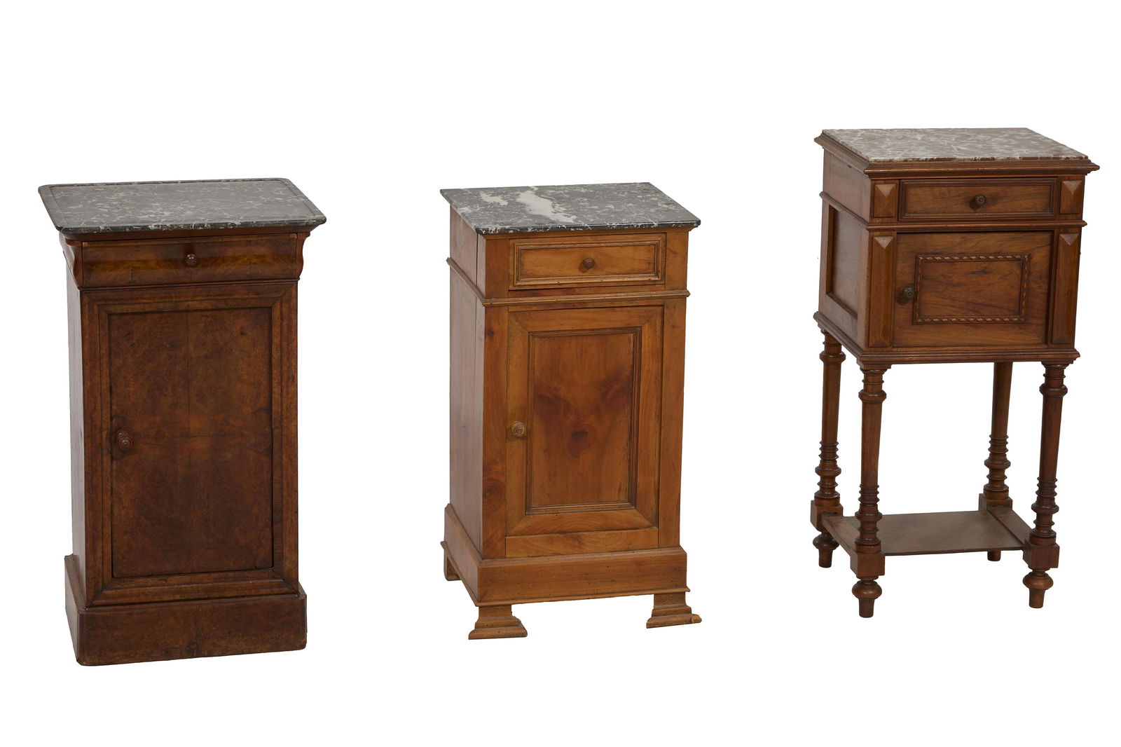 Group of Three French Louis Philippe Period Marble Top Nightstands, 19th c., First- H.- 30 in., W.- (1 of 4)