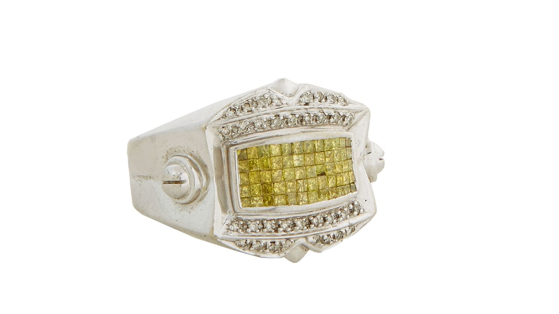 Man's 14K White Gold Diamond Dinner Ring, Size- 11, Wt.- .54 Troy Oz. (1 of 2)