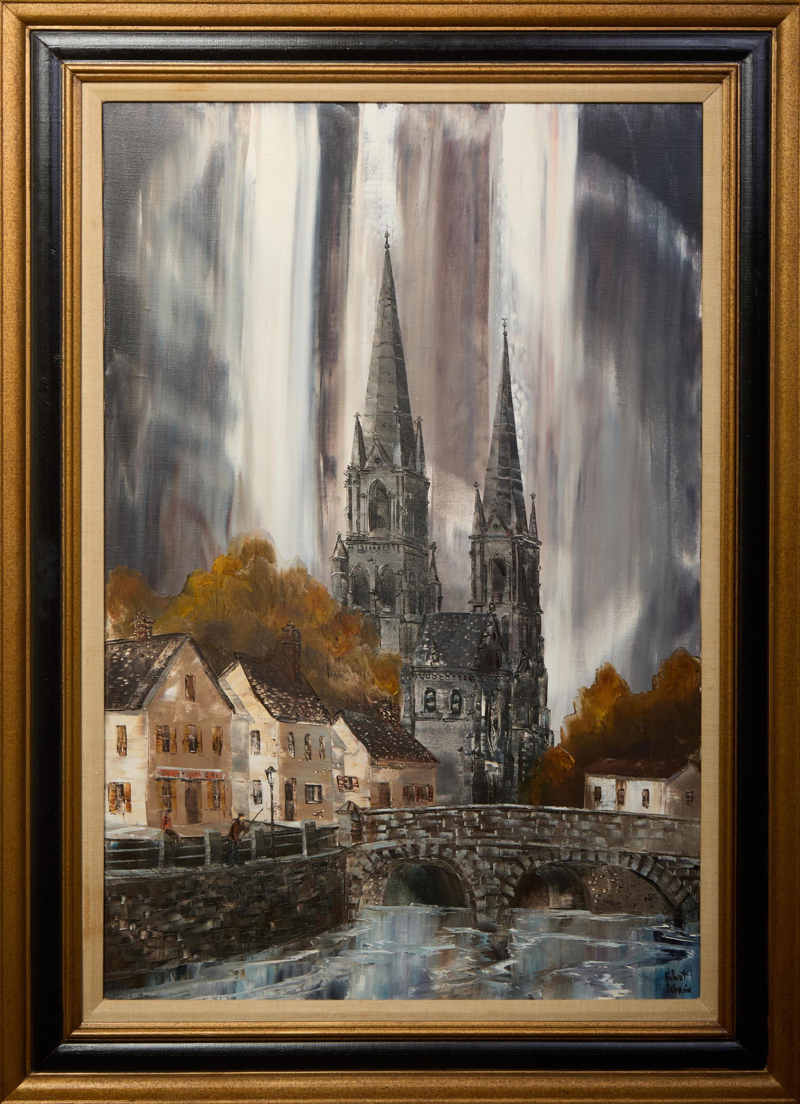 Robert Lebron (American, 1928-2013), "Cathedral," H.- 36 in., W.- 24 in., Framed- H.- 44 in., W.- 32: Robert Lebron (American, 1928-2013), "Cathedral," oil on canvas, signed lower right, presented in a wood frame, H.- 36 in., W.- 24 in., Framed- H.- 44 in., W.- 32 in.