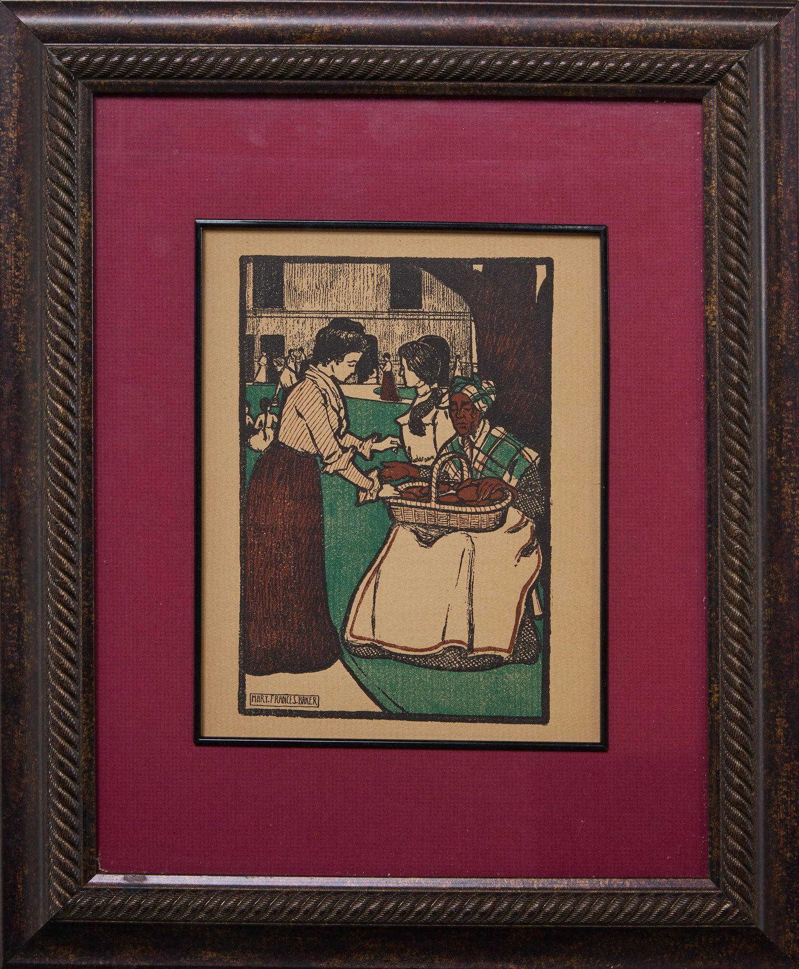 Mary Francis Baker (New Orleans, 1879-1943), "Praline Seller," 1902, Sight- H.- 8 in., W.- 5 1/2: Mary Francis Baker (New Orleans, 1879-1943), "Praline Seller," 1902, colored woodblock print on paper, from the Newcomb College Calendar, Sight- H.- 8 in., W.- 5 1/2 in., Framed- H.- 17 1/8 in., W.- 1