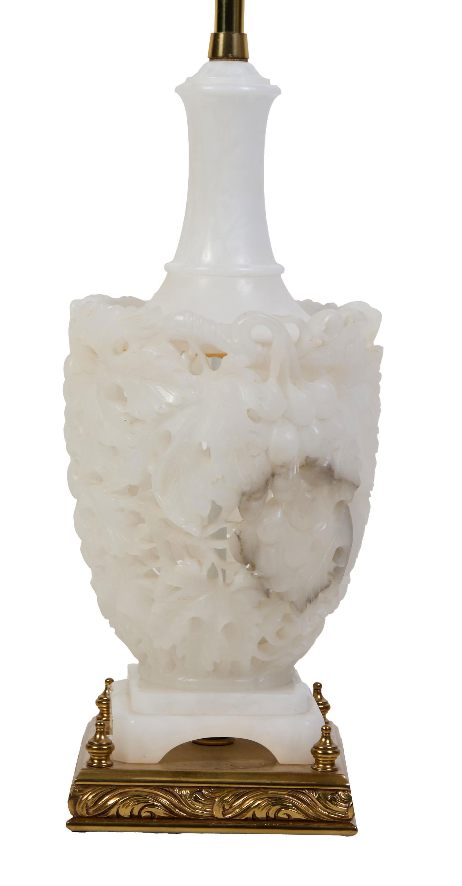 Pierce Carved Marbro Alabaster Lamp, 20th c., H.- 19 in., W.- 7 in., D.- 7 in.: Pierce Carved Marbro Alabaster Lamp, 20th c., by Marbro, on a relief square brass base, H.- 19 in., W.- 7 in., D.- 7 in.