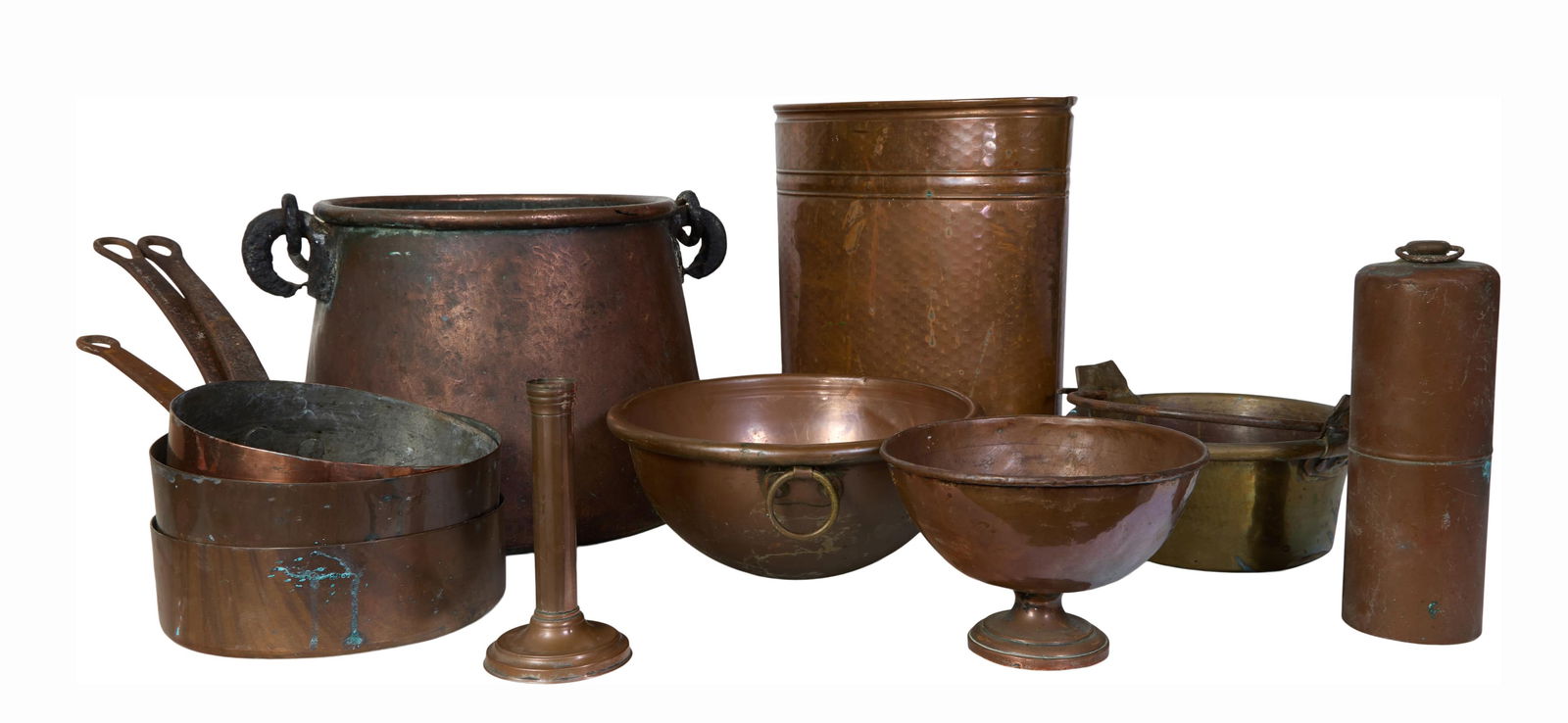Eleven Pieces of French Metal Kitchenware, 20th c., Cauldron- H.- 12 1/2 in., W.- 17 1/4 in., (1 of 5)