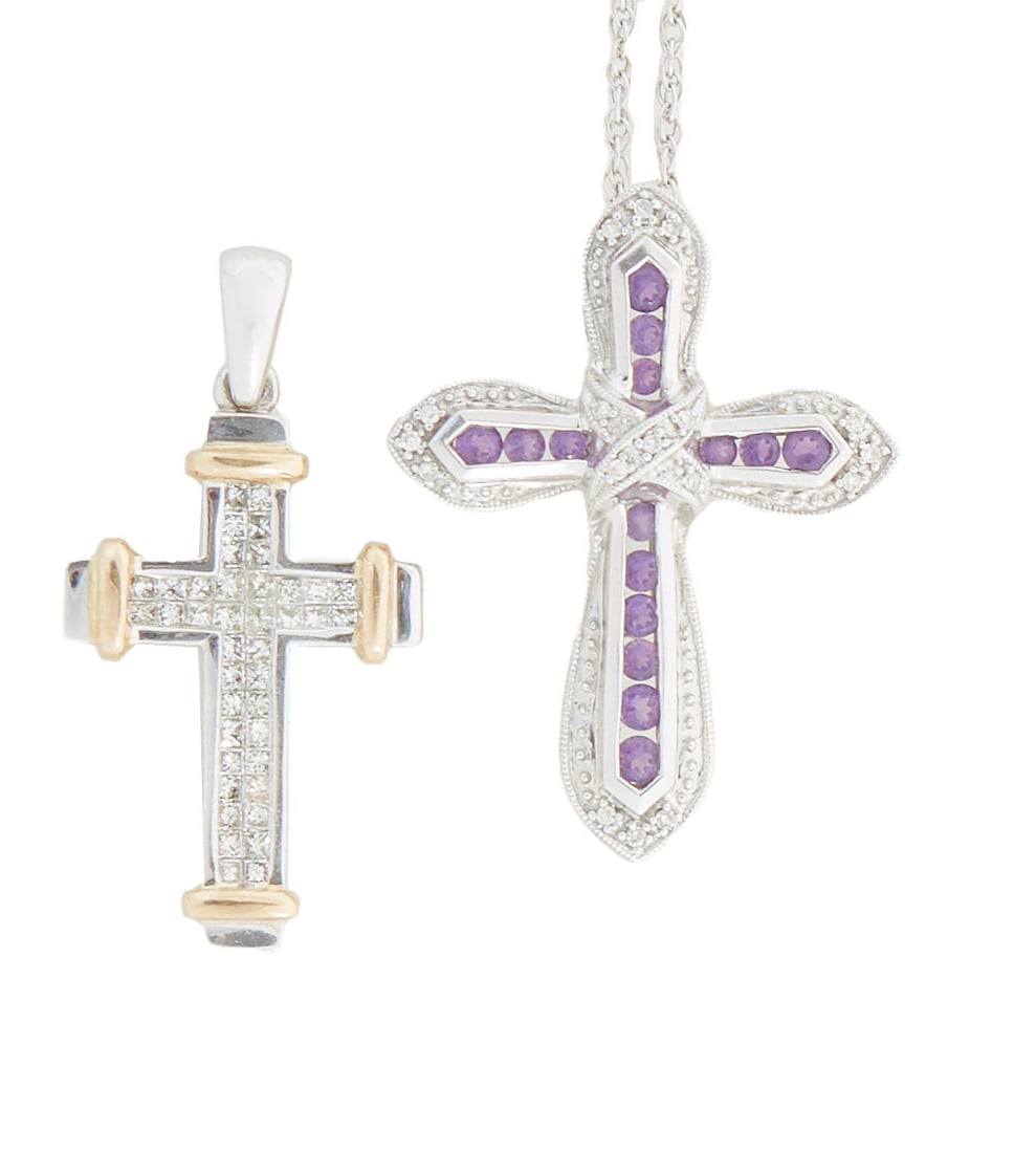 Two 14K White Gold Crosses, Smaller- H.- 1 in., W.- 9/16 in.; Larger- H.- 1 5/16 in., W.- 7/8 in.; (1 of 2)
