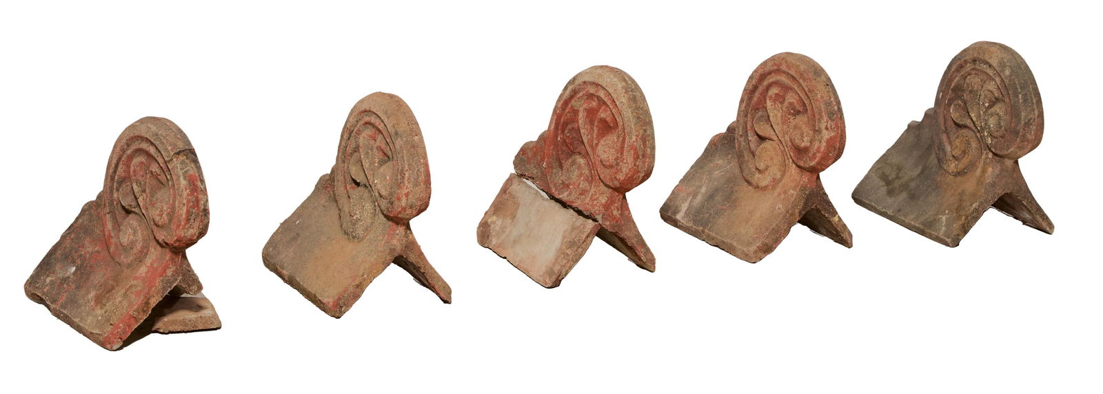 Five Architectural Terra Cotta Roof Ridge Caps, 19th c., H.- 15 in., W.- 10 in., D.- 16 in. (5 Pcs.) (1 of 6)