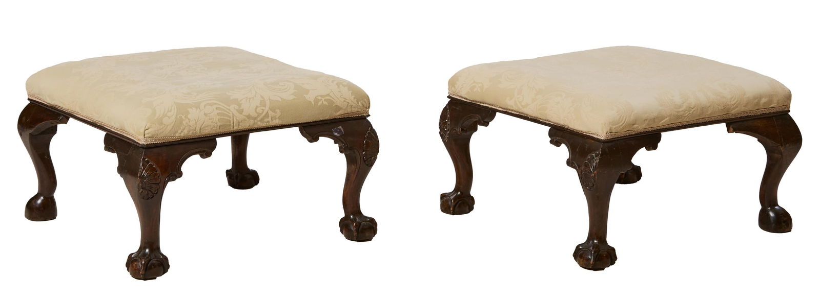 Pair of Chippendale Style Stools, 20th c., H.- 14 1/2 in., W.- 25 in., D.- 25 in. (2 Pcs.) (1 of 3)