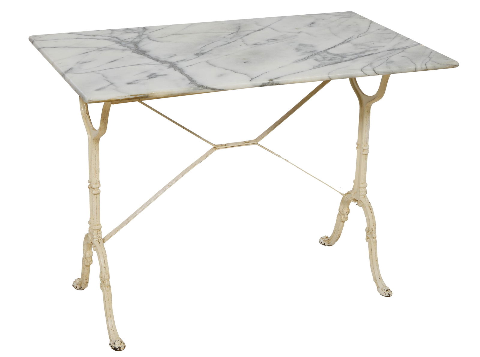 French Parisian Marble and Iron Bistro Table, 19th c., H.- 28 1/2 in., W.- 39 1/2 in., D.- 23 3/4 (1 of 2)