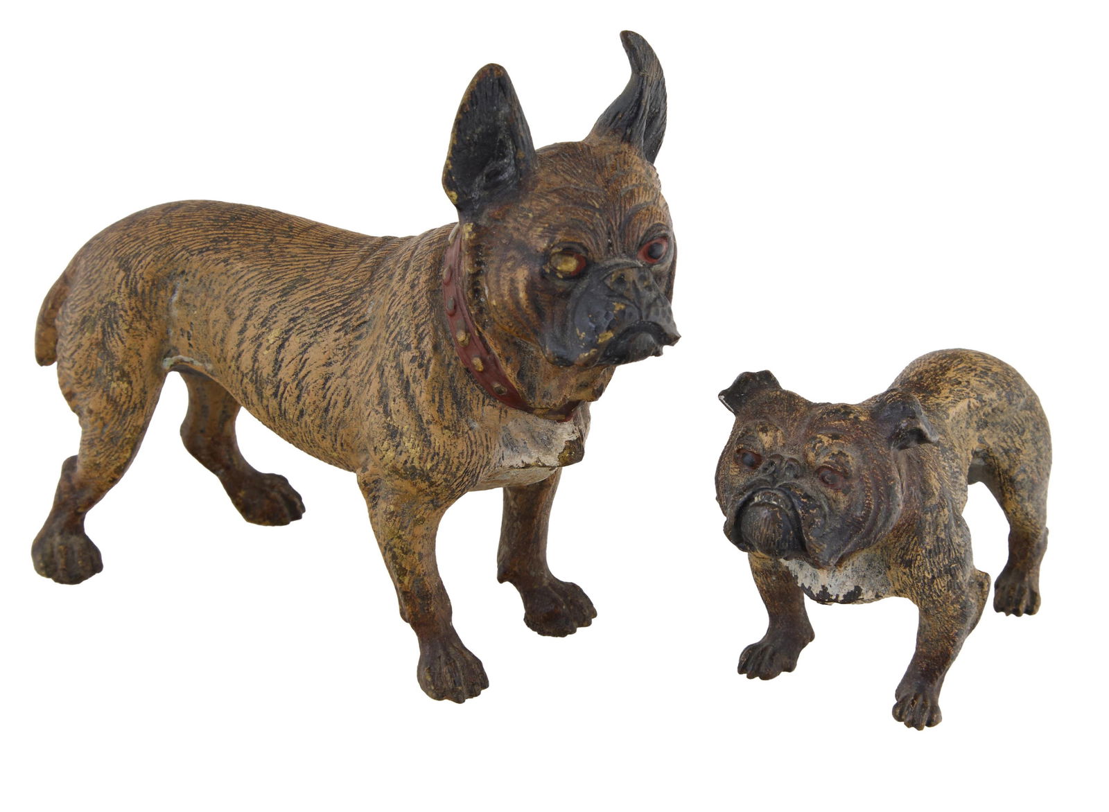 Two Vienna Bronze Cold Painted Bulldogs, 19th c., Largest- H.- 4 1/8 in., W.- 4 1/2 in., D.- 1 7/8: Two Vienna Bronze Cold Painted Bulldogs, 19th c., with original patina, Largest- H.- 4 1/8 in., W.- 4 1/2 in., D.- 1 7/8 in.; Smaller- H.- 2 1/8 in., W.- 3 1/4 in., D.- 1 3/8 in. (2 Pcs.)