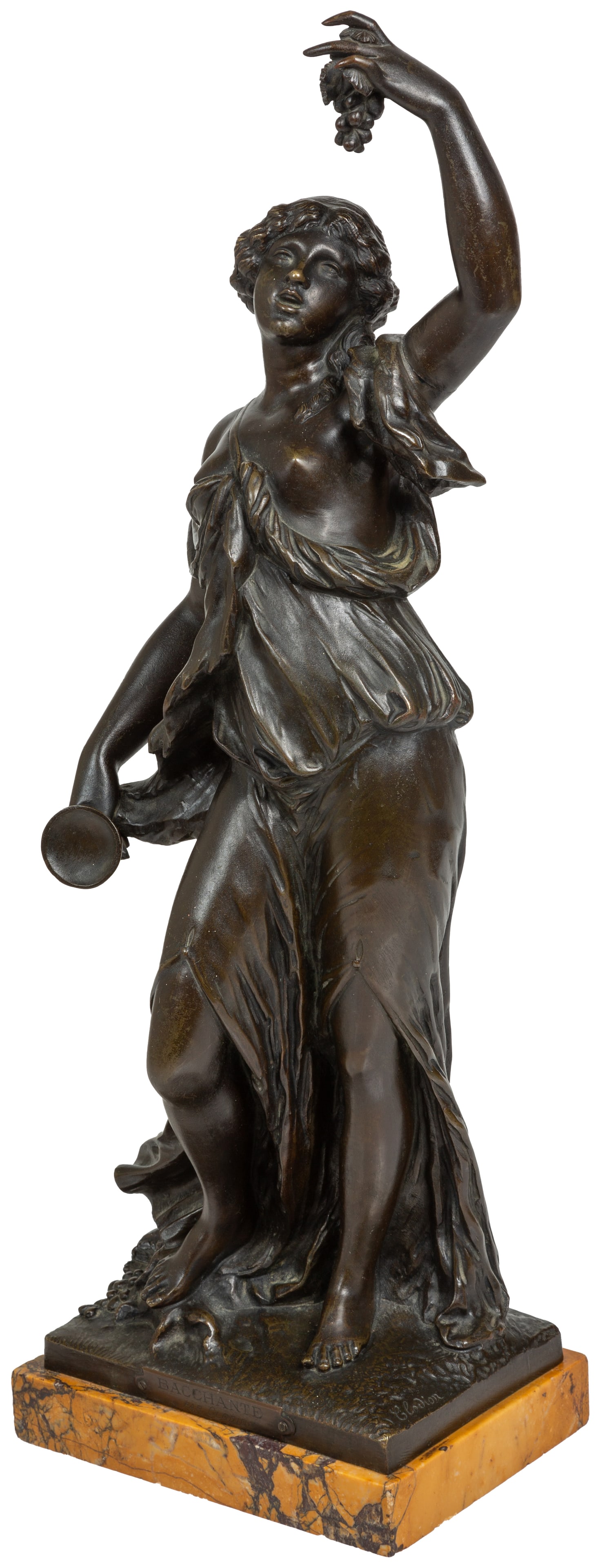 After Claude Michel Clodion (French, 1738-1814), "Bacchante," 19th c., H.- 22 in., W.- 7 1/4 in.,: After Claude Michel Clodion (French, 1738-1814), "Bacchante," 19th c., patinated bronze, with an incised signature on the proper left top of the integral base, with a brass nameplate, now mounted on a