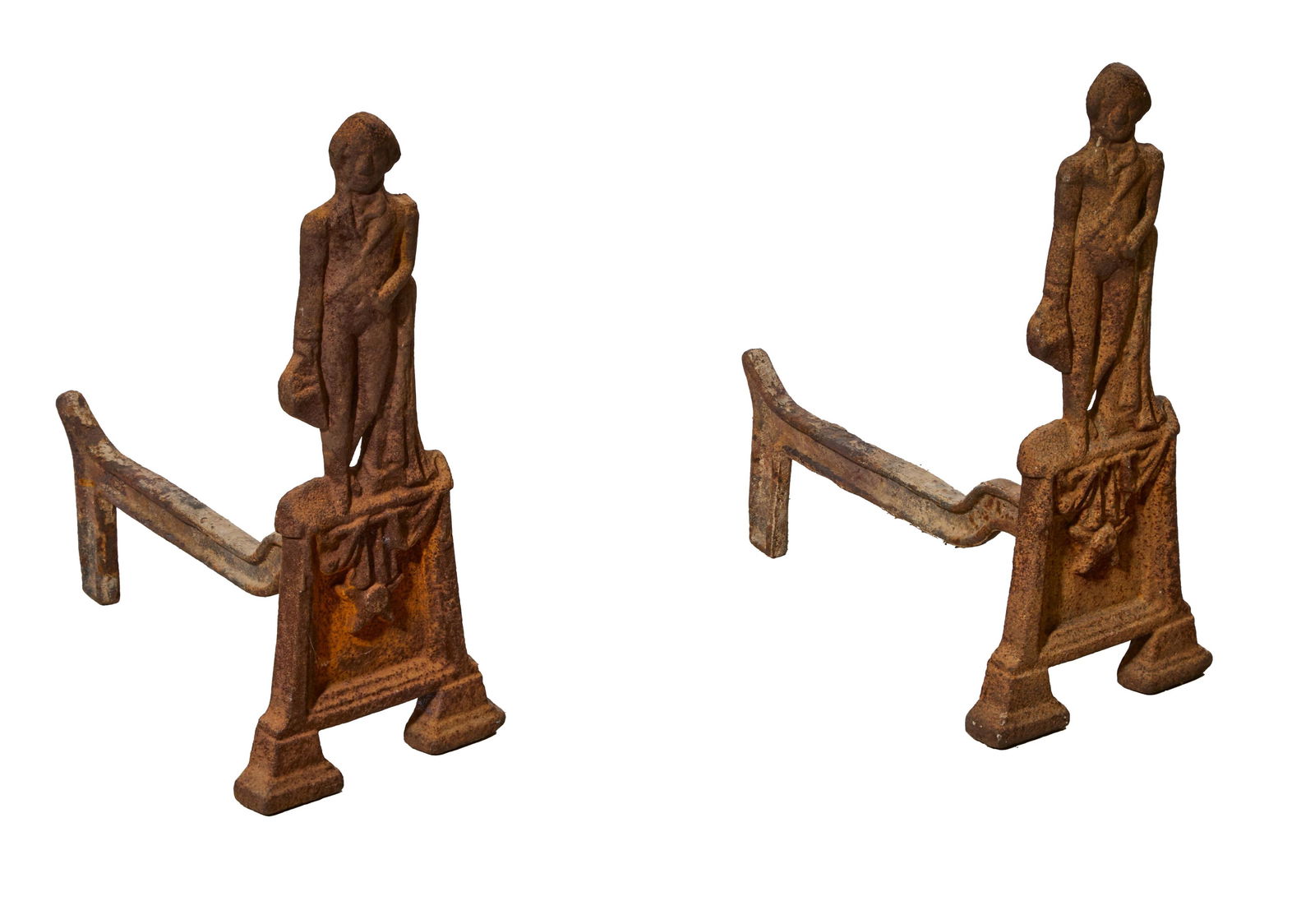 Pair of American Cast Iron George Washington Memorial Andirons, 19th c., H.- 20 1/2 in., W.- 9 in., (1 of 6)