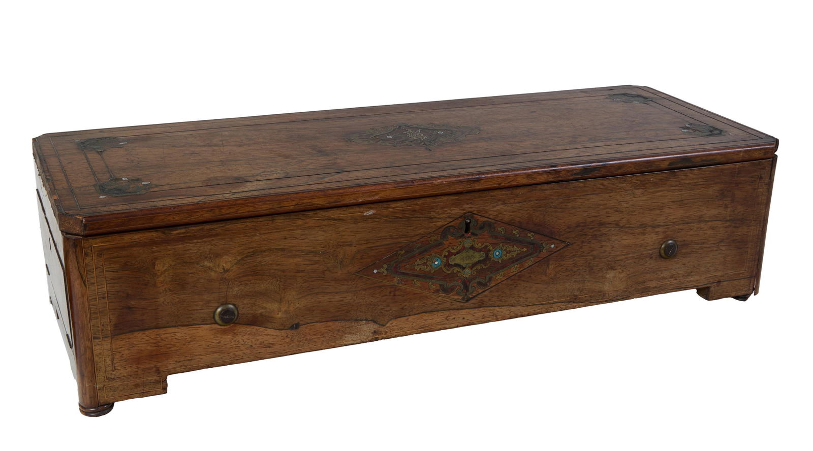 Swiss Marquetry Inlaid Music Box, 19th c., H.- 7 1/2 in., W.- 30 3/8 in., D.- 10 3/4 in. (1 of 20)