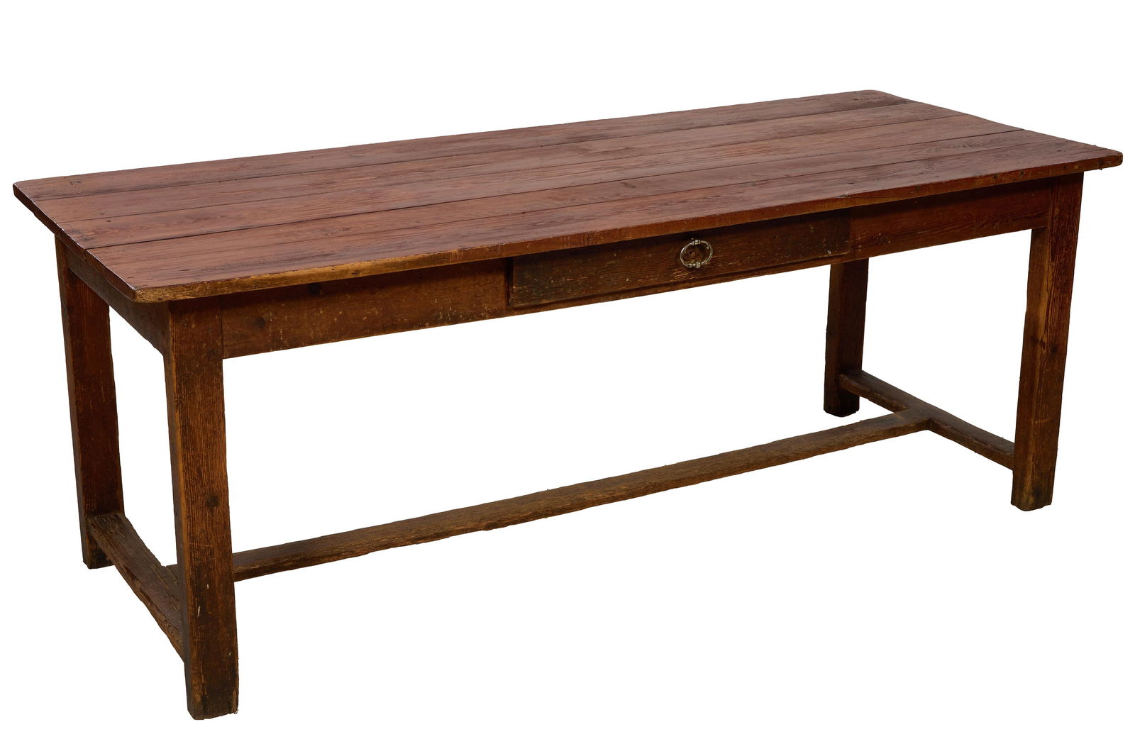 Antique French Provincial Pine Farm House Table, 19th c., H.- 30 in., W.- 78 1/4 in., D.- 31 1/4 in.: Antique French Provincial Pine Farm House Table, 19th c., the five board one inch thick top over a four and one-half inch skirt,, with a single drawer on one long side, on square legs joined by an 'H'