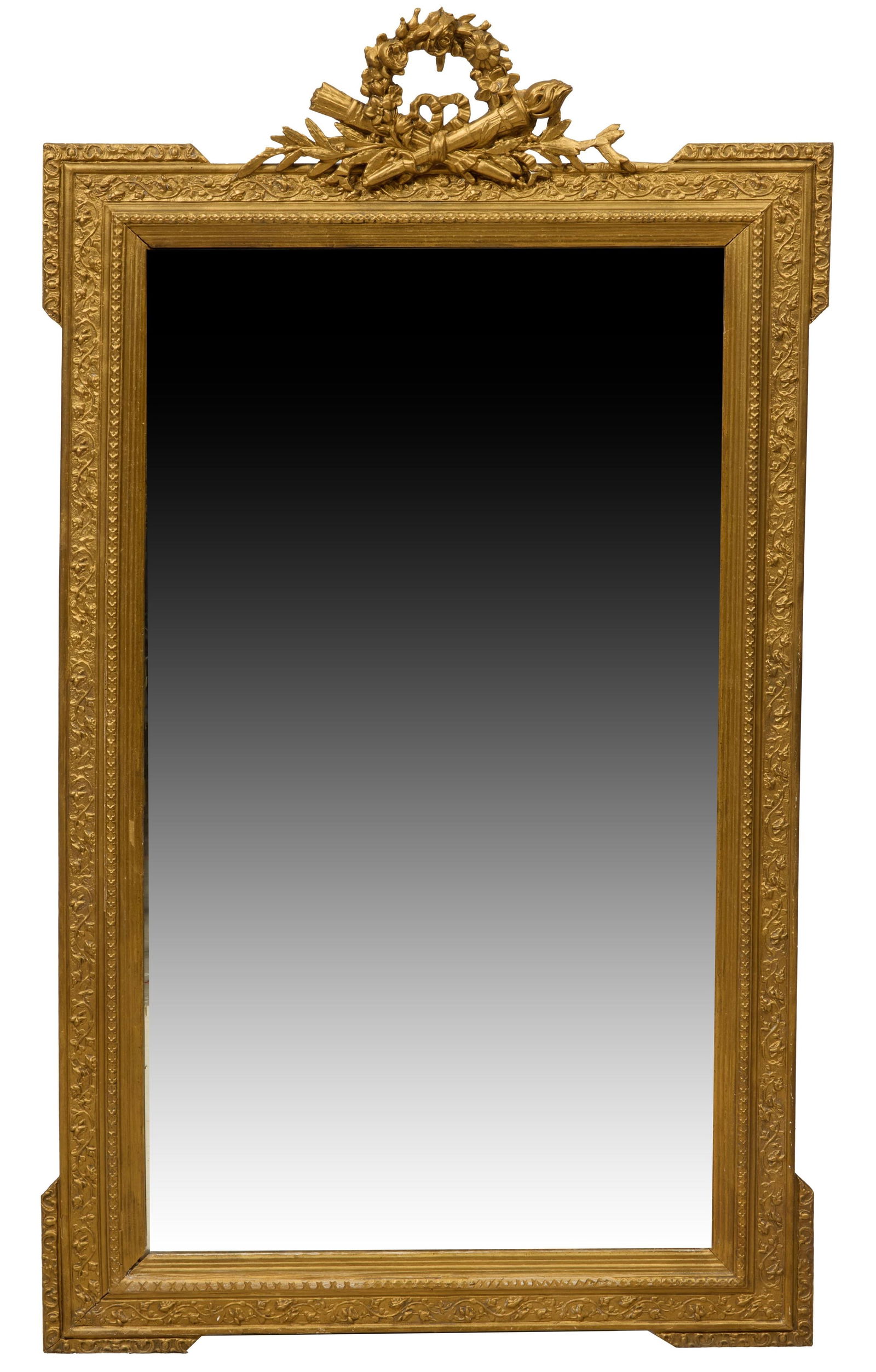 Louis XVI Style Giltwood and Gesso Overmantle Mirror, 19th c, H.- 62 in., W.- 35 in. (1 of 2)