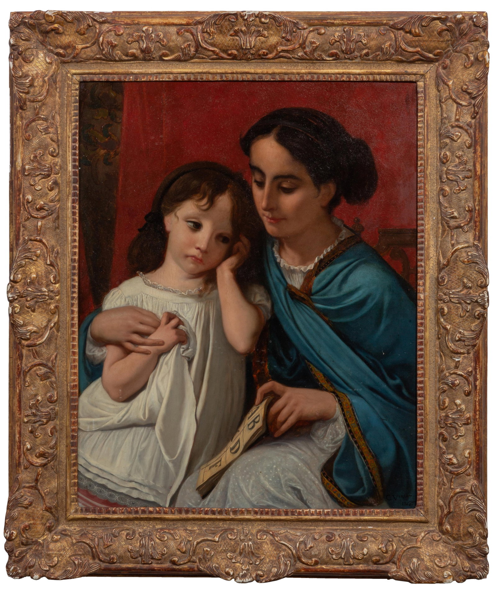 Charles-Michel Maria Verlat (Belgian, 1824-1900), "Mother and Daughter," 1866, H.- 22 1/4 in., W.-: Charles-Michel Maria Verlat (Belgian, 1824-1900), "Mother and Daughter," 1866, oil on wood panel, signed and dated lower right, presented in a giltwood frame, H.- 22 1/4 in., W.- 16 3/4 in., Framed- H