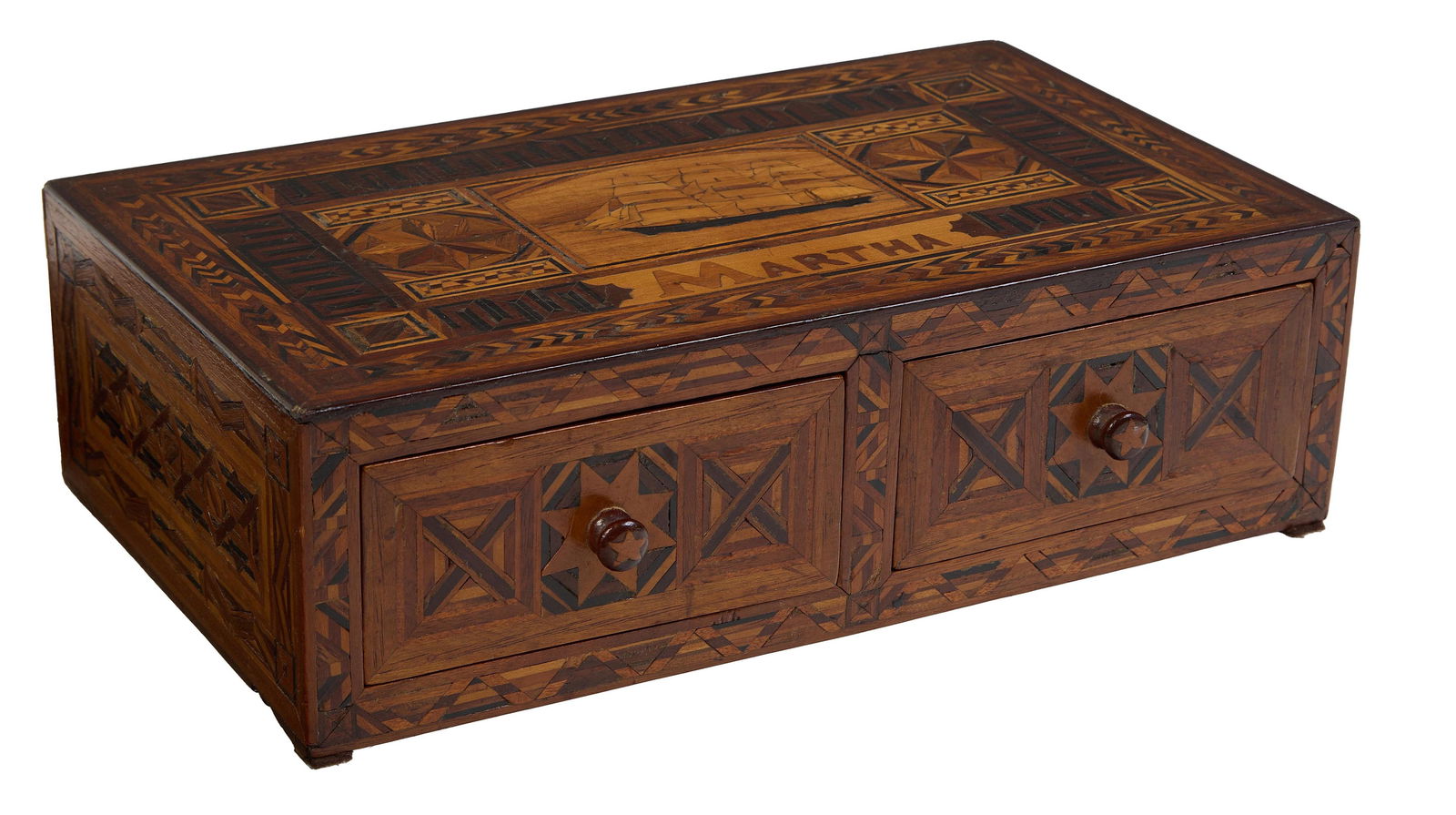 Parquetry and Marquetry Inlaid Mahogany Sailor's Ditty Box, 19th c., H.- 3 7/8 in., W.- 12 7/8 (1 of 20)