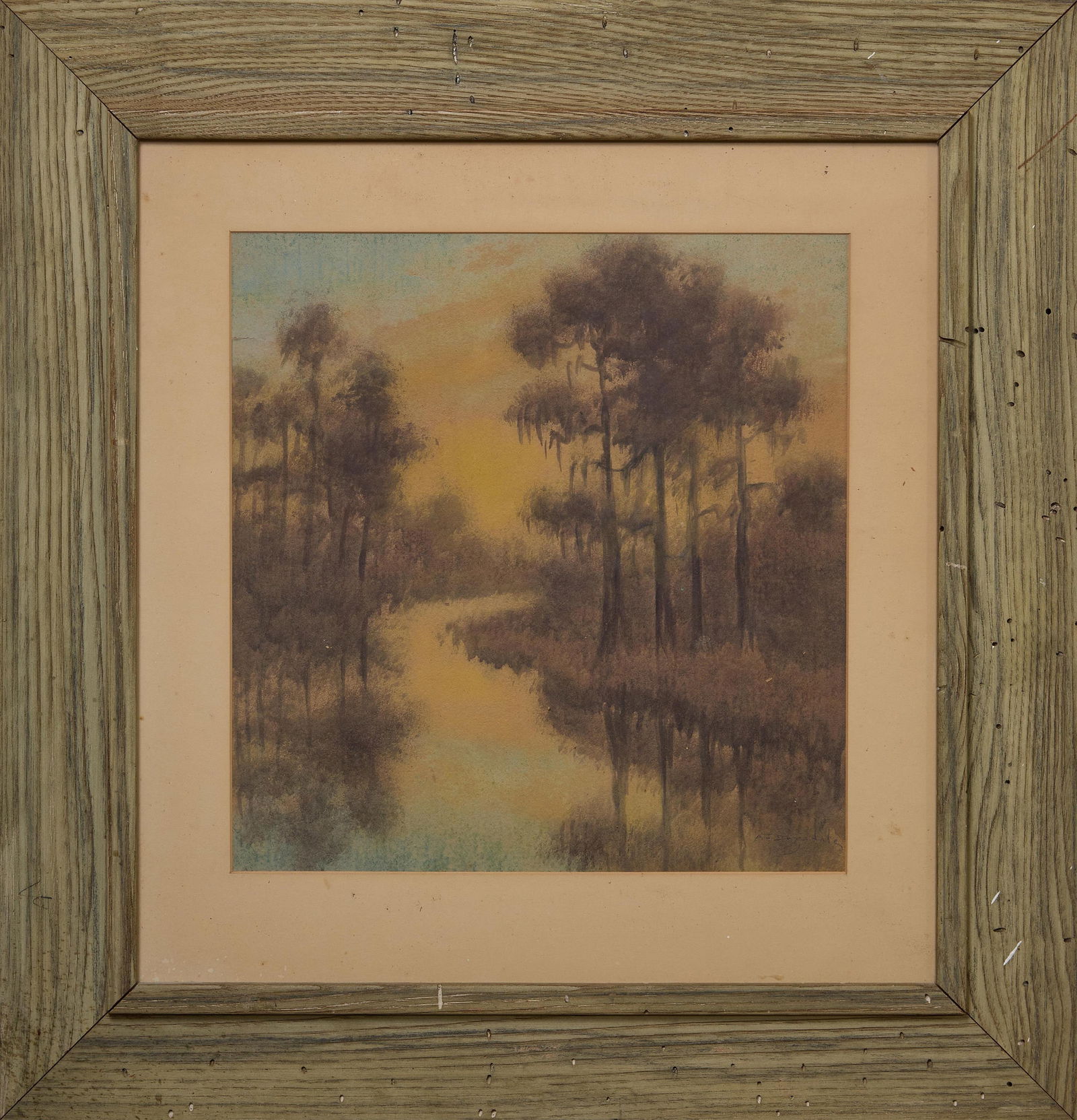 Alexander John Drysdale (American/Louisiana, 1870-1934), "Louisiana Sunset on the Bayou," 20th c.,: Alexander John Drysdale (American/Louisiana, 1870-1934), "Louisiana Sunset on the Bayou," 20th c., oil wash on paper, signed lower right, presented in a painted cypress frame, H.- 15 3/8 in., W.- 15 i