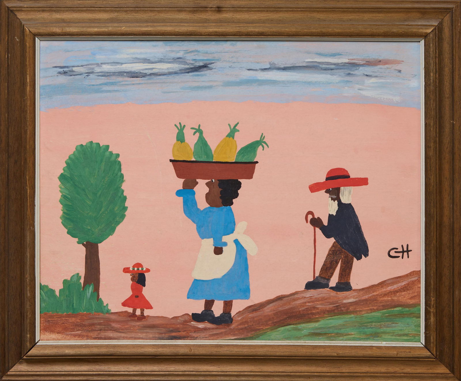 Clementine Hunter (American/Louisiana, 1887-1988), "Woman Carrying Gourds", H.- 16 in., W.- 20 in., (1 of 12)