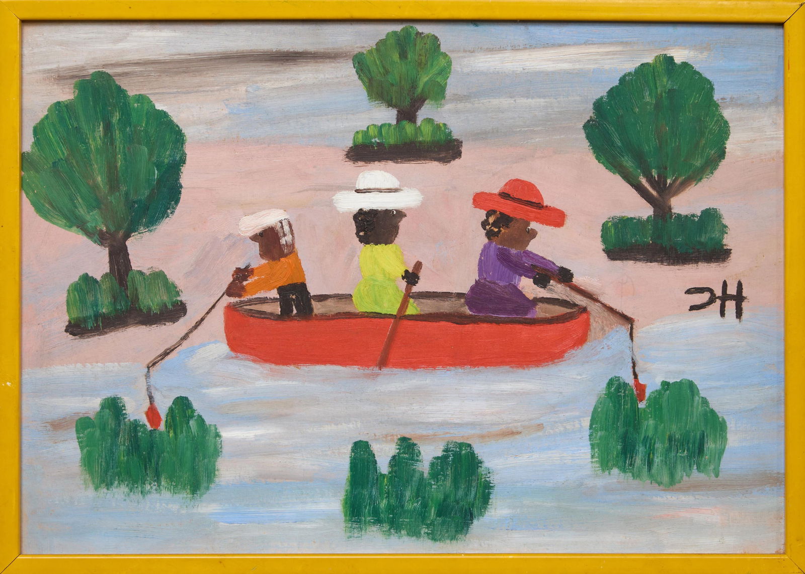 Clementine Hunter (American/Louisiana, 1887-1988), "Fishing," H.- 12 in., W.- 17 in., Framed- H.- 12 (1 of 11)