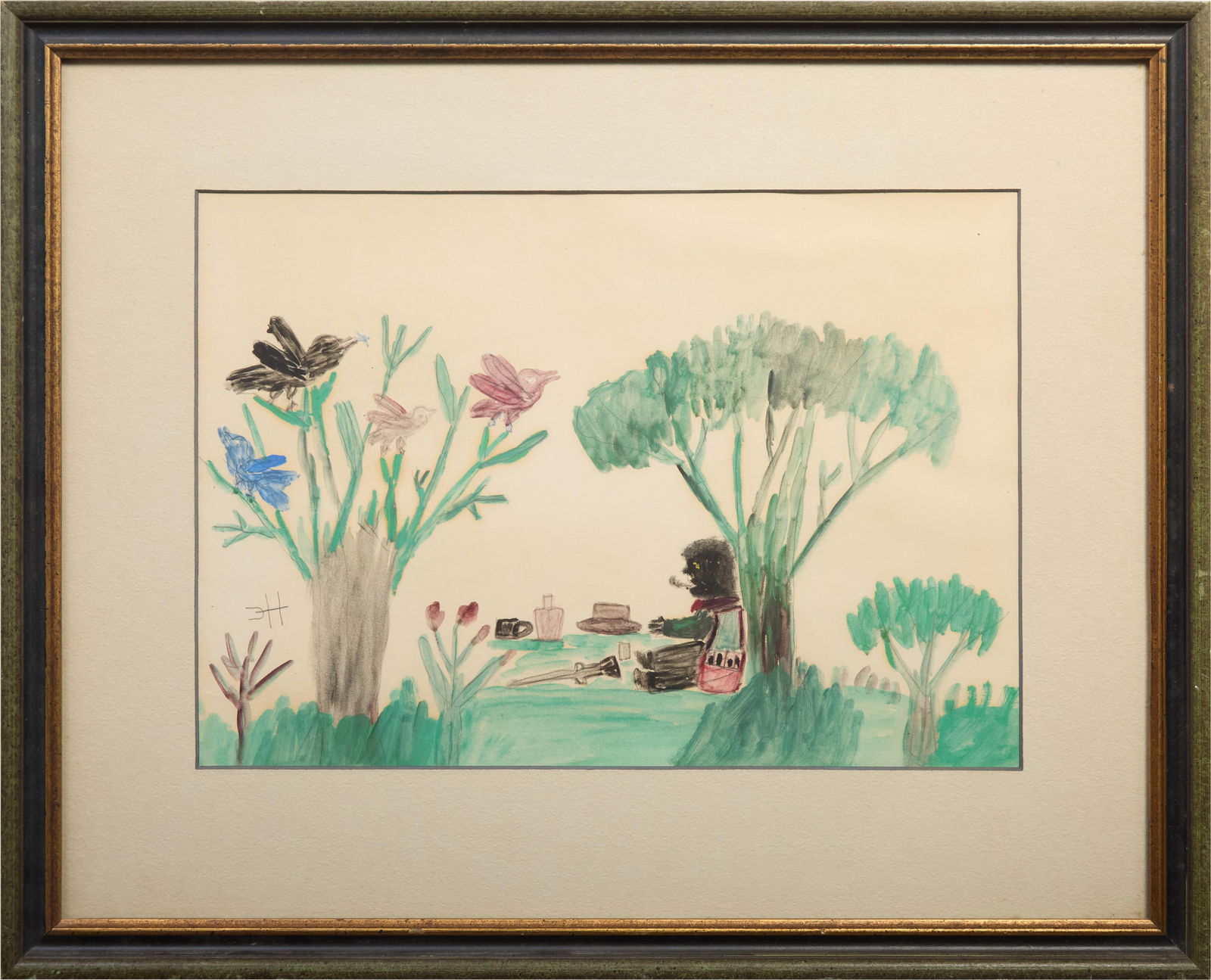 Clementine Hunter (American/Louisiana, 1887-1988), "Lunch Break with the Birds," H.- 10 1/2 in., W.- (1 of 6)